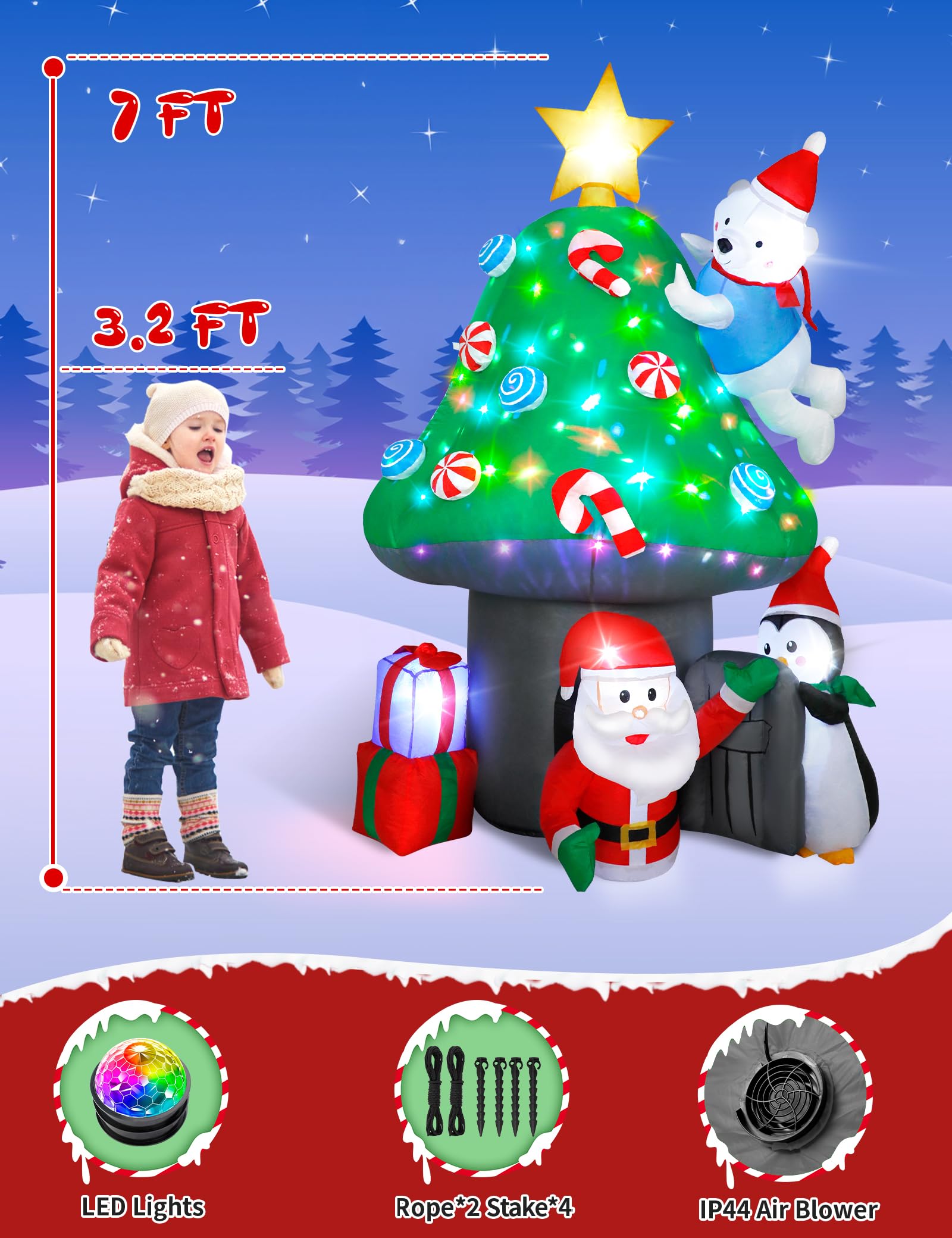 Maison Champignon Gonflable 7 Pieds / 213 cm – Décoration Noël Extérieur avec Père Noël Gonflable, Ours Blanc, Pingouin et LED Rotative, Jardin et Intérieur Maison