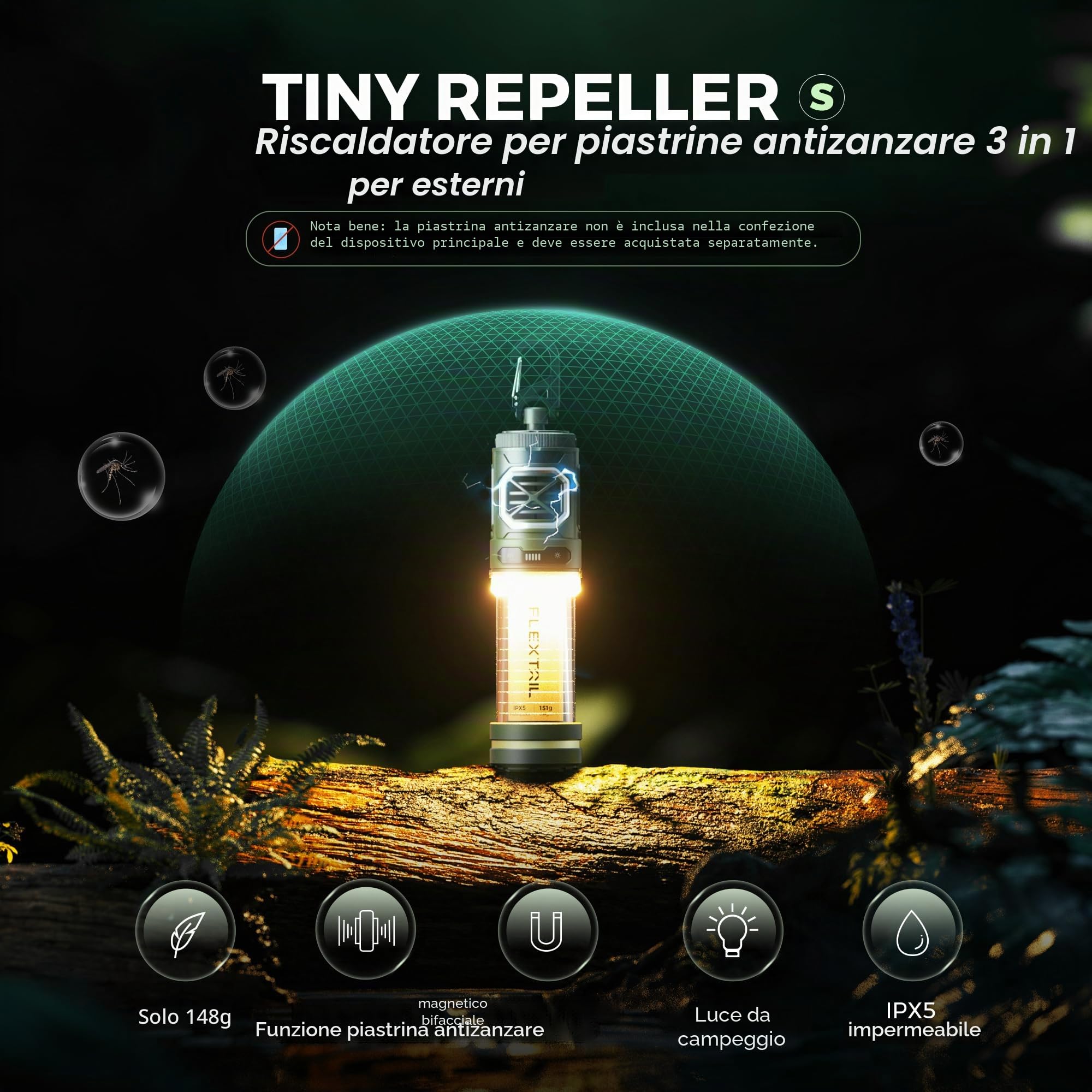 FLEXTAILGEAR Tiny Repeller S, Repellente Elettrico Portatile per Zanzare, con Lampada da Campeggio (Luce Respirante, fino a 400lm), Batteria 4800mAh, Funzione Riscaldamento 165℃, Impermeabile IPX5