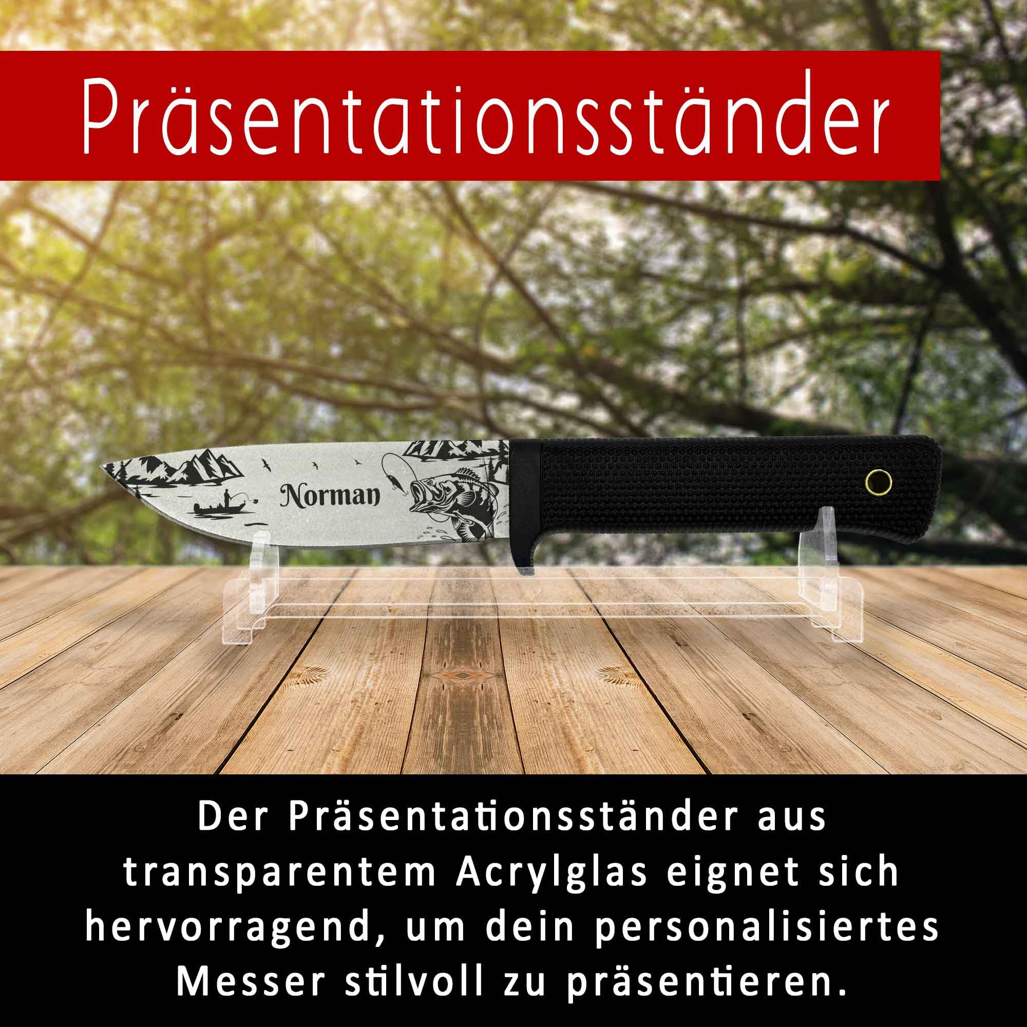Angelmesser mit Gravur & Name – Geschenk für Angler & Männer – Personalisiertes Messer mit Stonewash-Klinge zum Geburtstag, Vatertag oder Weihnachten (Stonewash - mit Ständer)