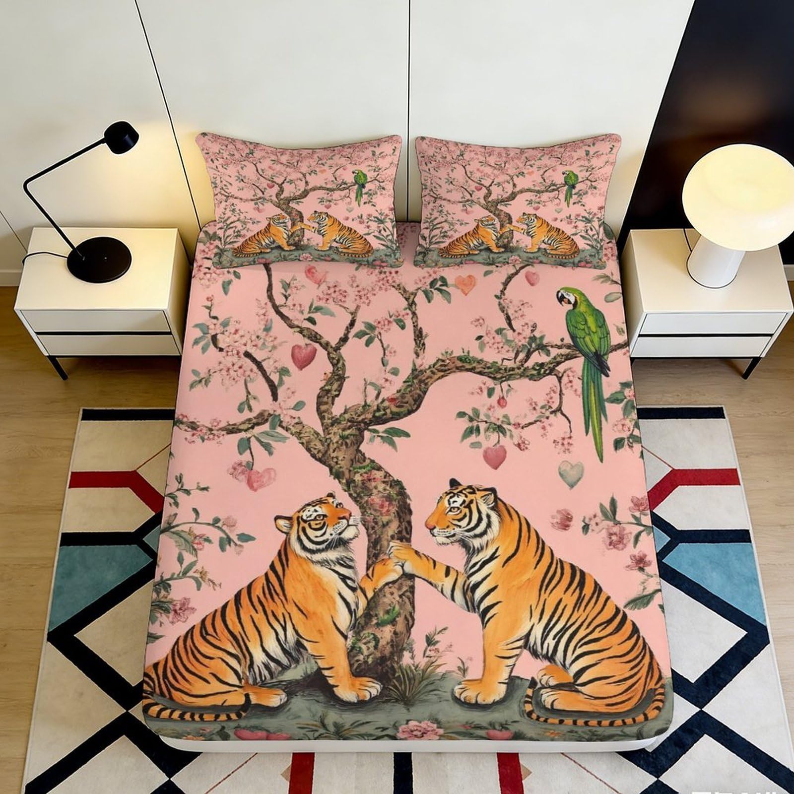 3D Printed Tiger Pattern Fitted Sheet Microfiber Deep Pocket Non-Slip Elastic Hem Tiger Mattress Fitted Cover for Bedroom 120x200x25cm