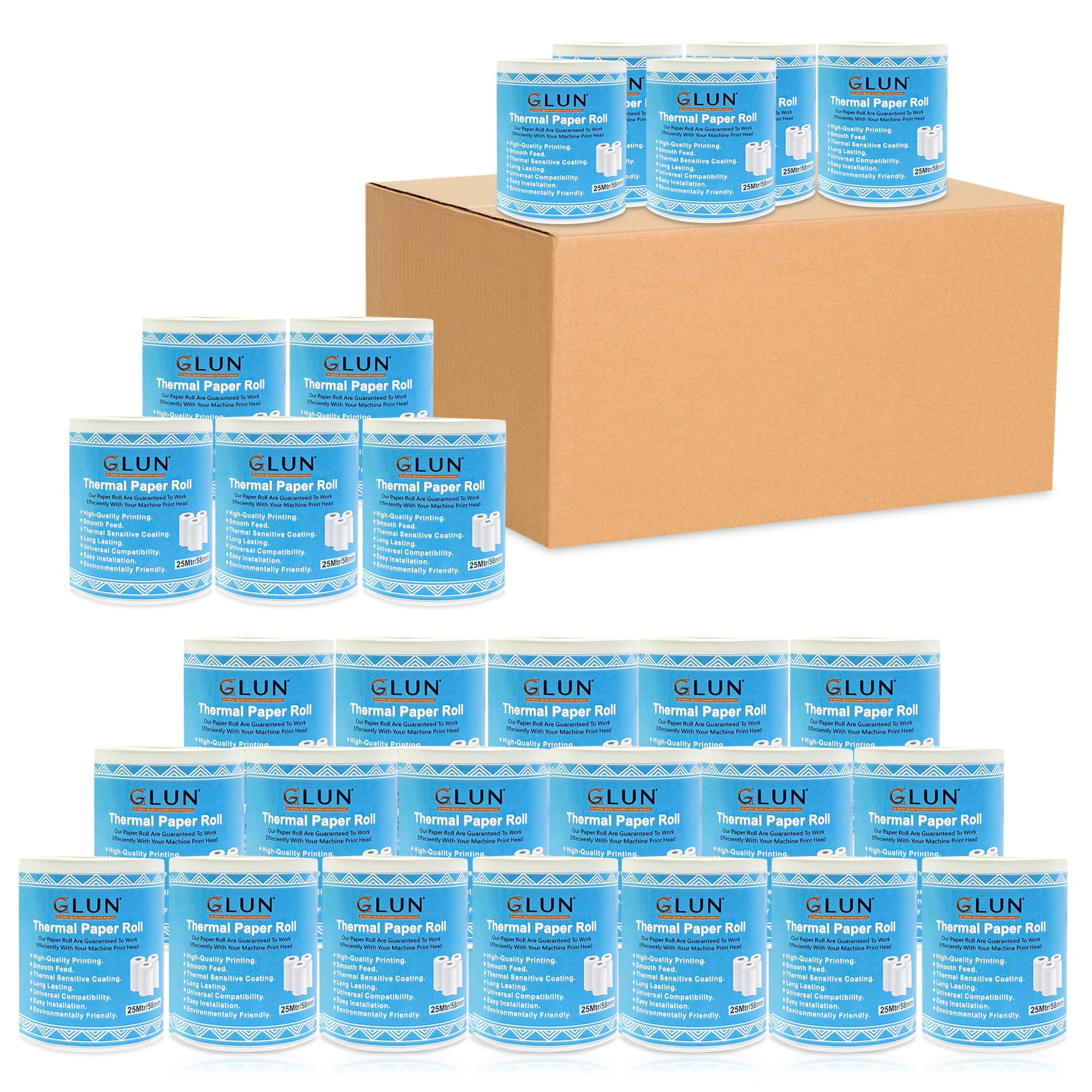 GLUN® 58mm(2 inch) x 25 Meter POS Thermal Paper, BPA-Free Receipt Rolls for Credit Card Machines & Cash Registers (Pack of 50)
