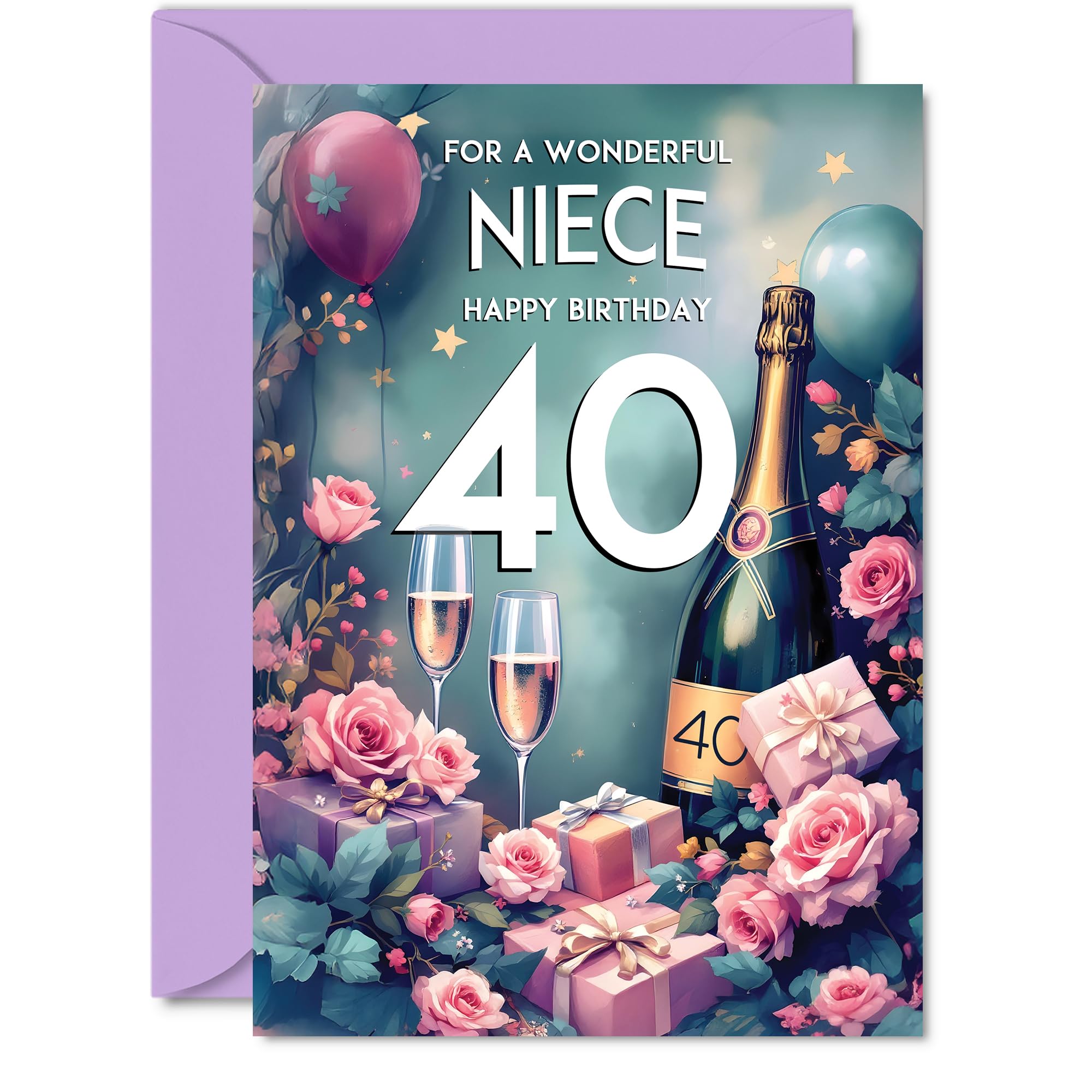 40th Birthday Card Niece, Pink Presents Champagne Bottle