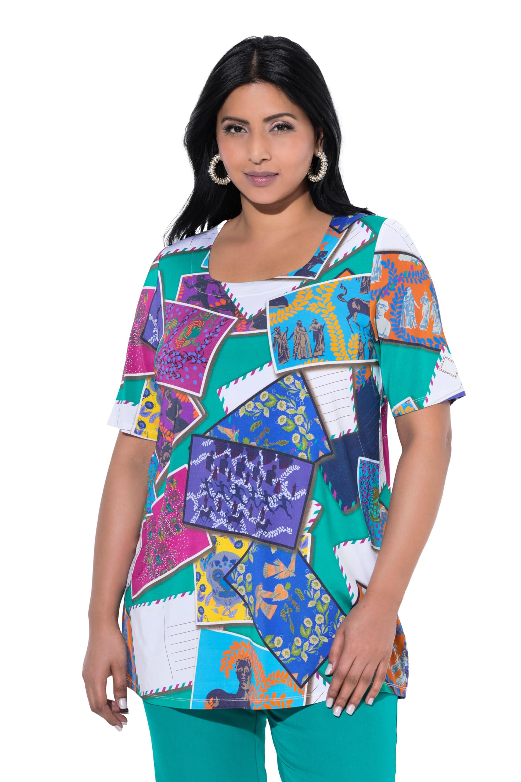 Ulla Popken Damen große Größen Übergrößen Plus Size Slinkyshirt, Postkarten-Design, Carré-Ausschnitt, Halbarm 839611