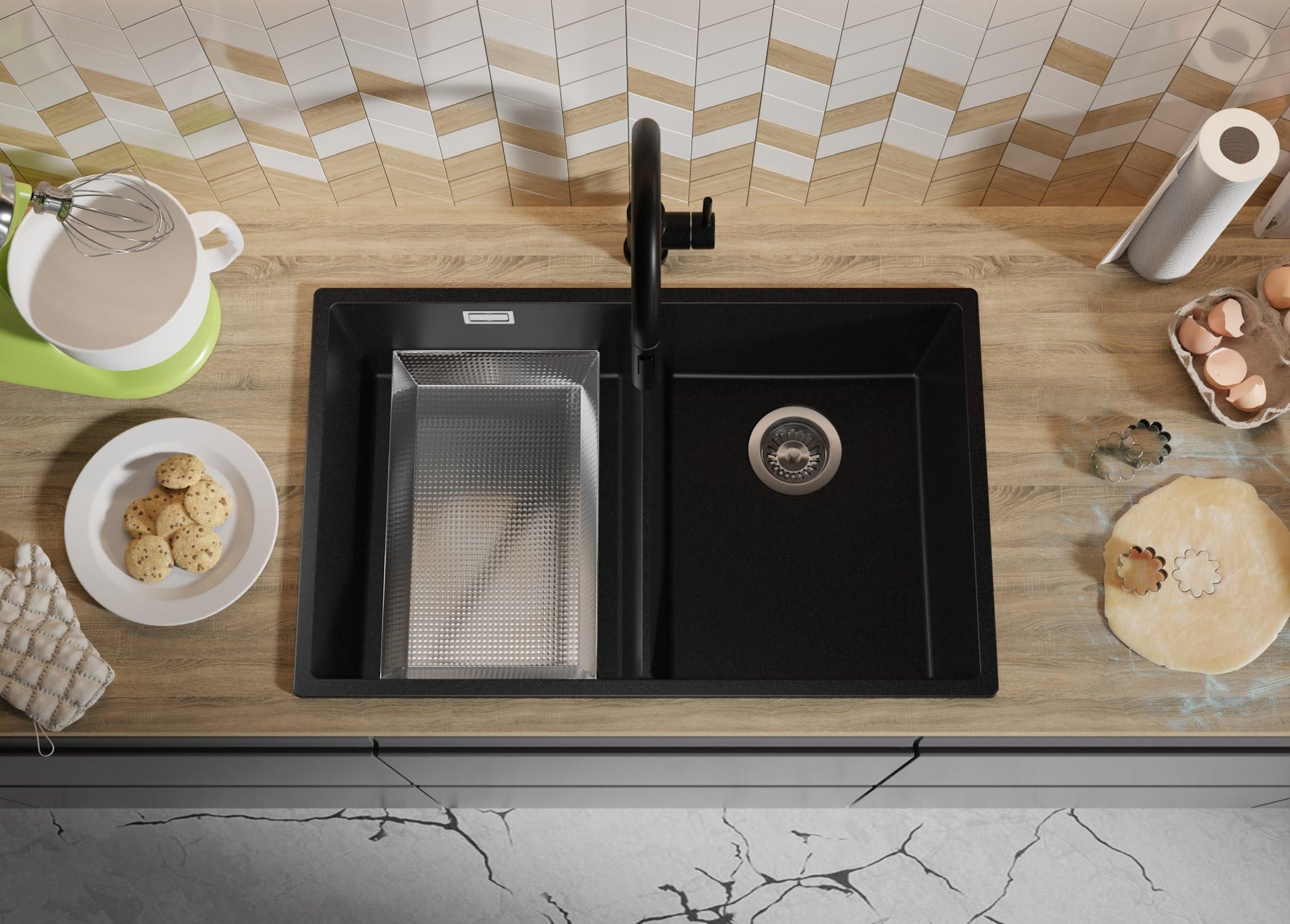 PRIMAGRAN Fregadero Cocina Todo Negro 76x47cm, Granito 2 Senos + Sifón, Sobre Encimera al Mueble 80cm - London Twin Slim S007