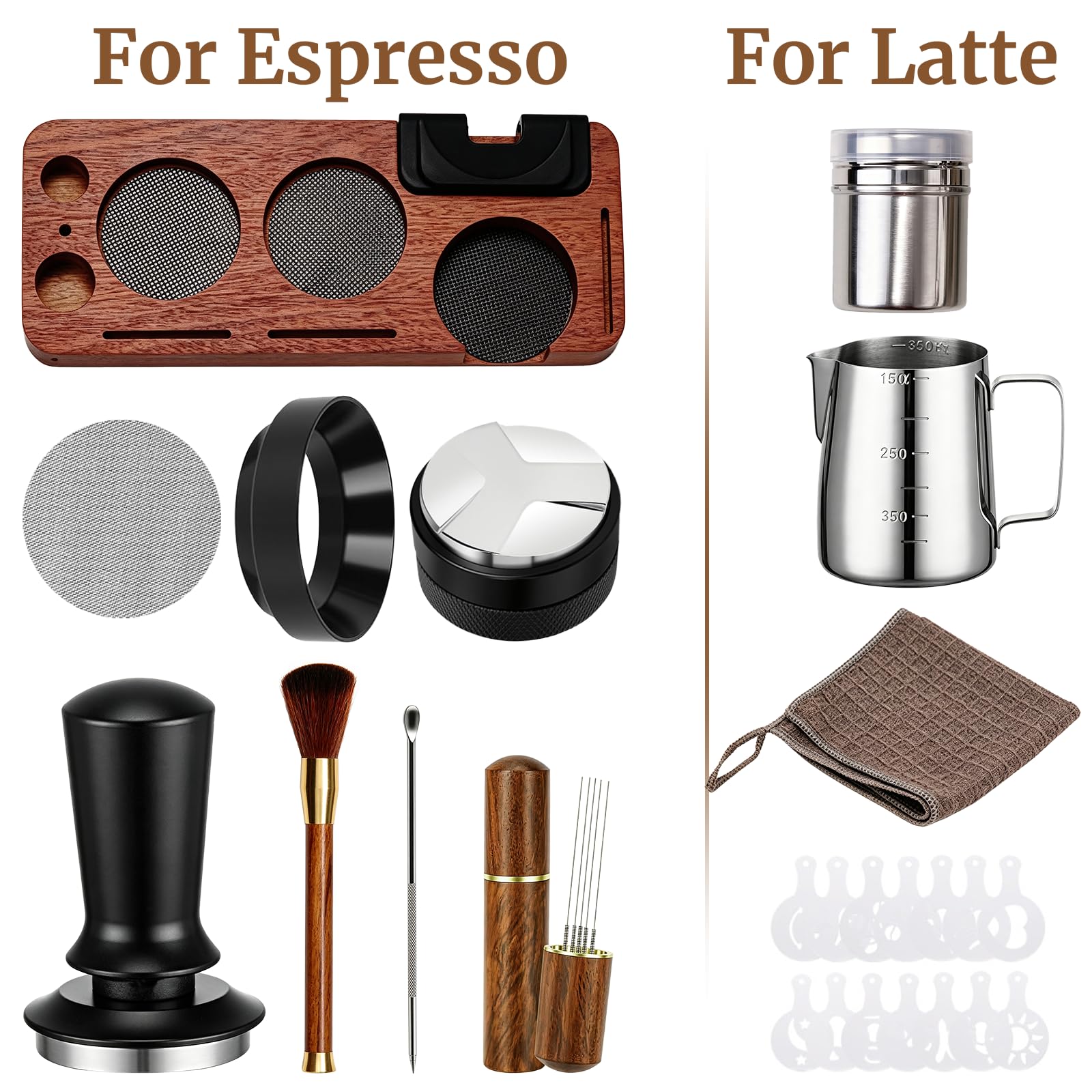 Espresso Zubehör 12er Set, 51mm Kaffee Tamper mit Dosierring,Kaffee-Distributor, WDT Tool, Aufbewahrungsstation, Milchkännchen und Kaffeeschablonen, Komplettes Barista Starter Set für Siebträger