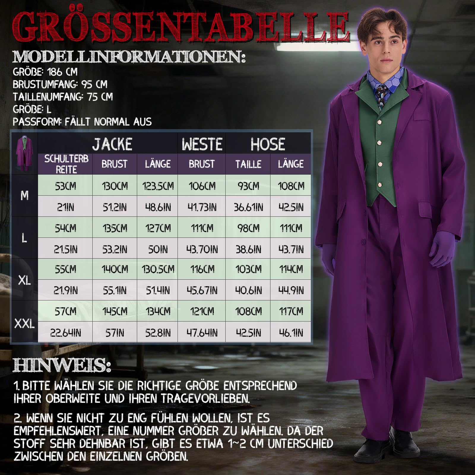 Joker Kostüm Herren, Killer Joker Outfit Herren Horror Clown Kostüm Erwachsener Set mit Lila Mantel, Grüne Weste, Hose, Krawatte, Falschem Hemdkragen und Handschuhen für Halloween
