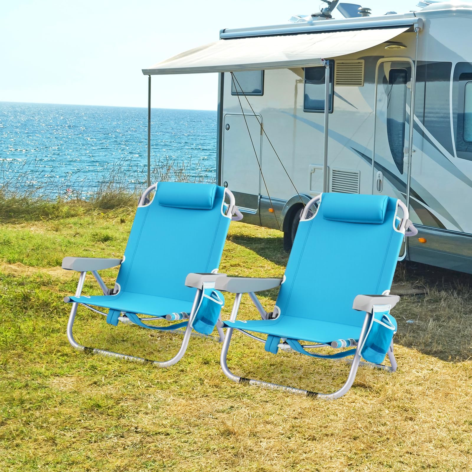 GOPLUS Chaise Plage Pliant pour Adulte, Camping Légère Portable en Alu., Dossier Réglable 5 Positions, Sangles Épaule,Sac Rangement, Porte-Serviettes,à Plat,Max.150KG (2, Bleu, 66 x 65 x 78 cm)