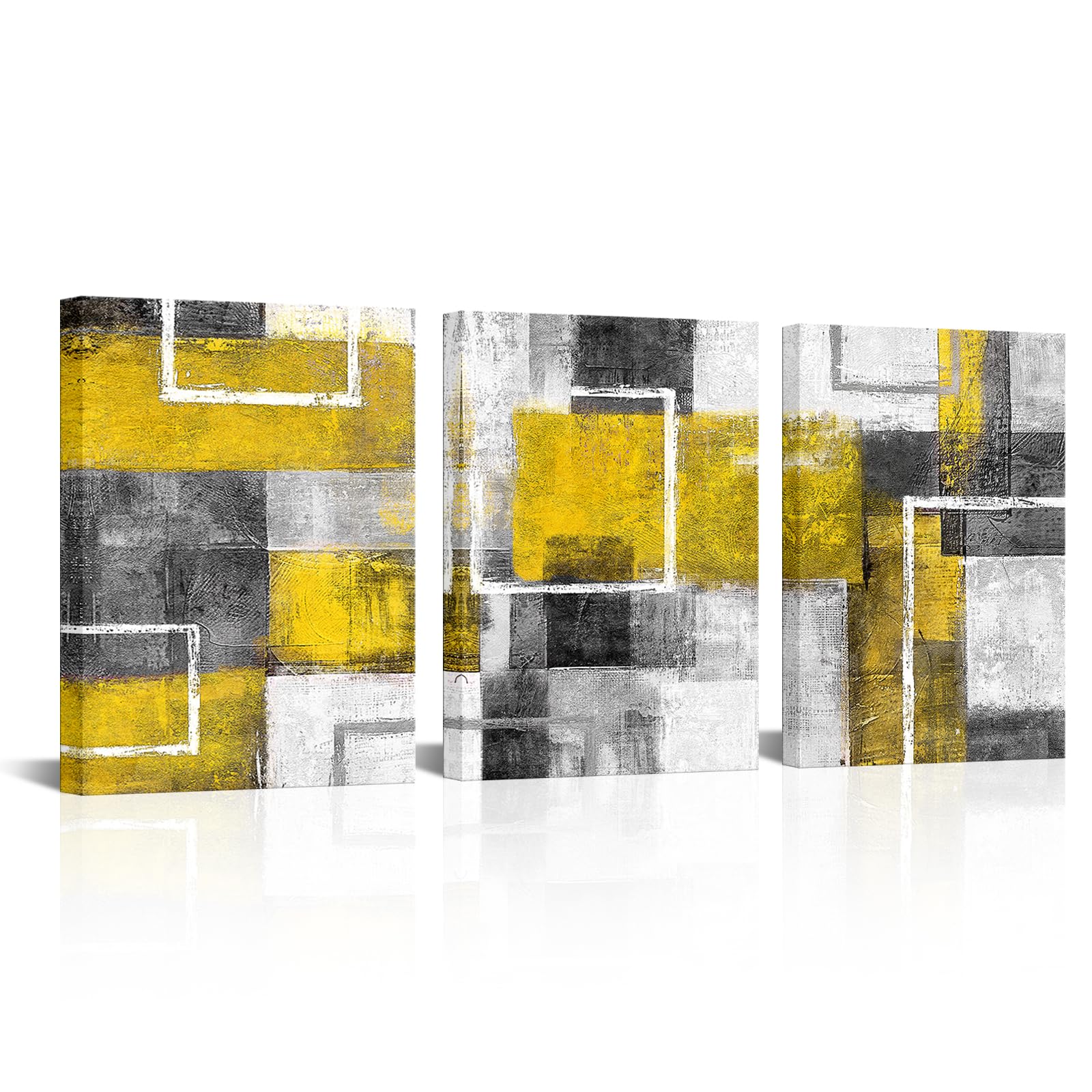 WELMECOBlue Abstract Wall Art Geometric Line Painting Picture Bathroom Bedroom Wall Decor 12"x16"x3 Pieces (Yellow)