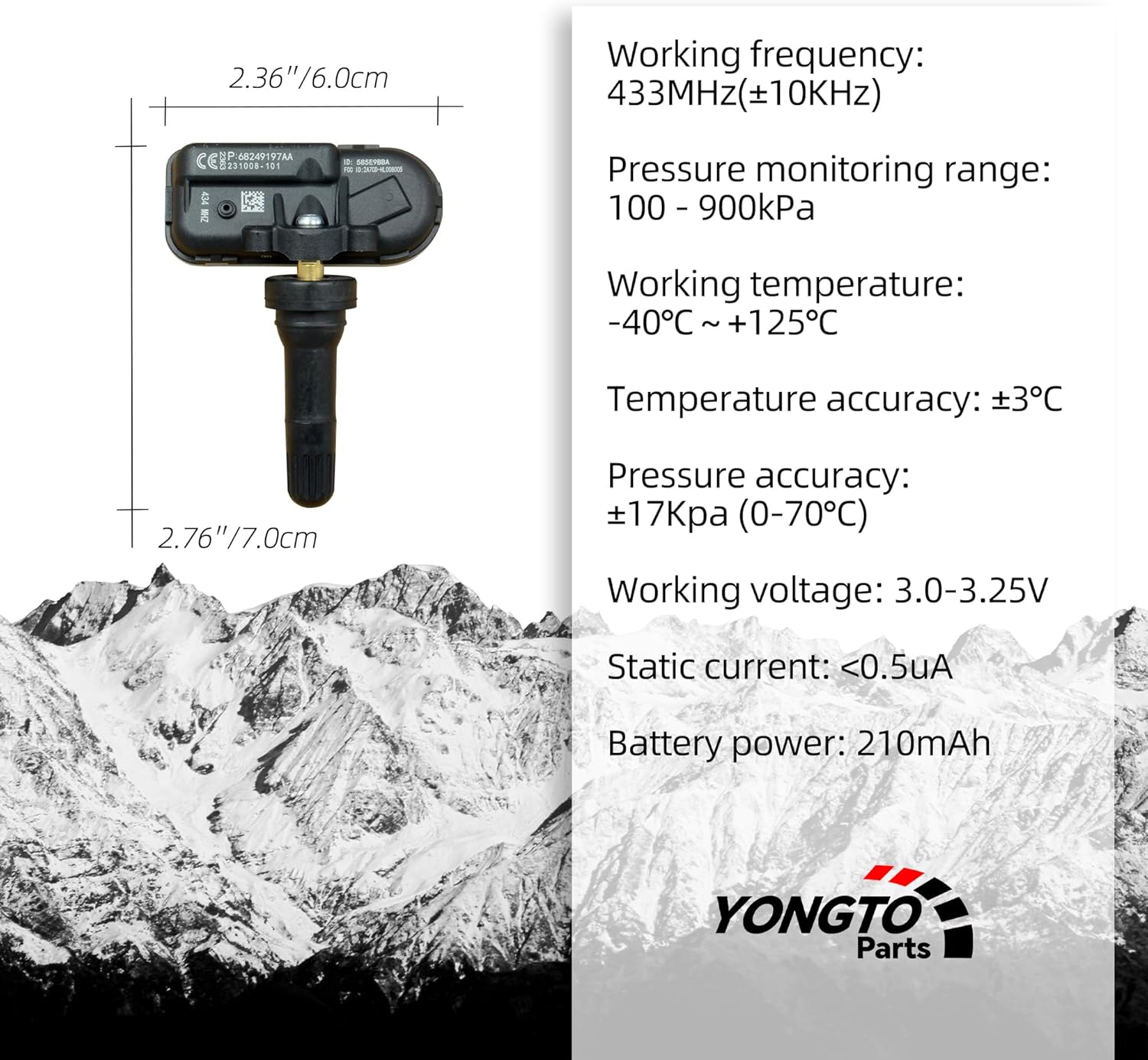 TPMS Sensor 68249197AA Compatible with Ram 1500 2500 3500 4500 5500, Jeep Cherokee, 434 Mhz Tire Pressure Sensors Replacement 4PCS Replaces OE 68239720AA
