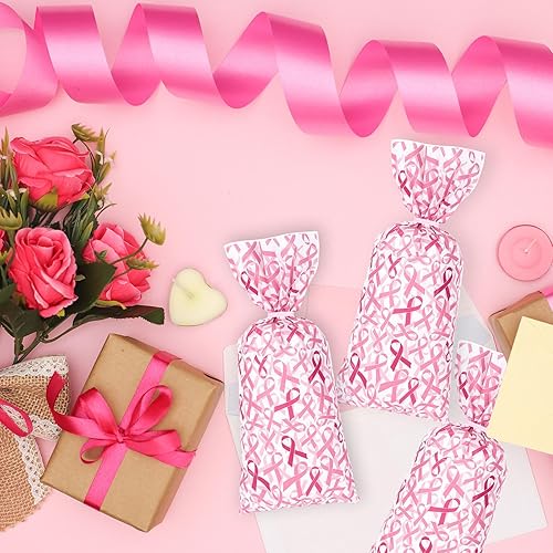 Miniatura 6 de Whaline 150 bolsas de regalo de celofán para el cáncer de mama con 200 lazos torcidos, bolsas de fiesta de violonchelo con patrón de cinta rosa,