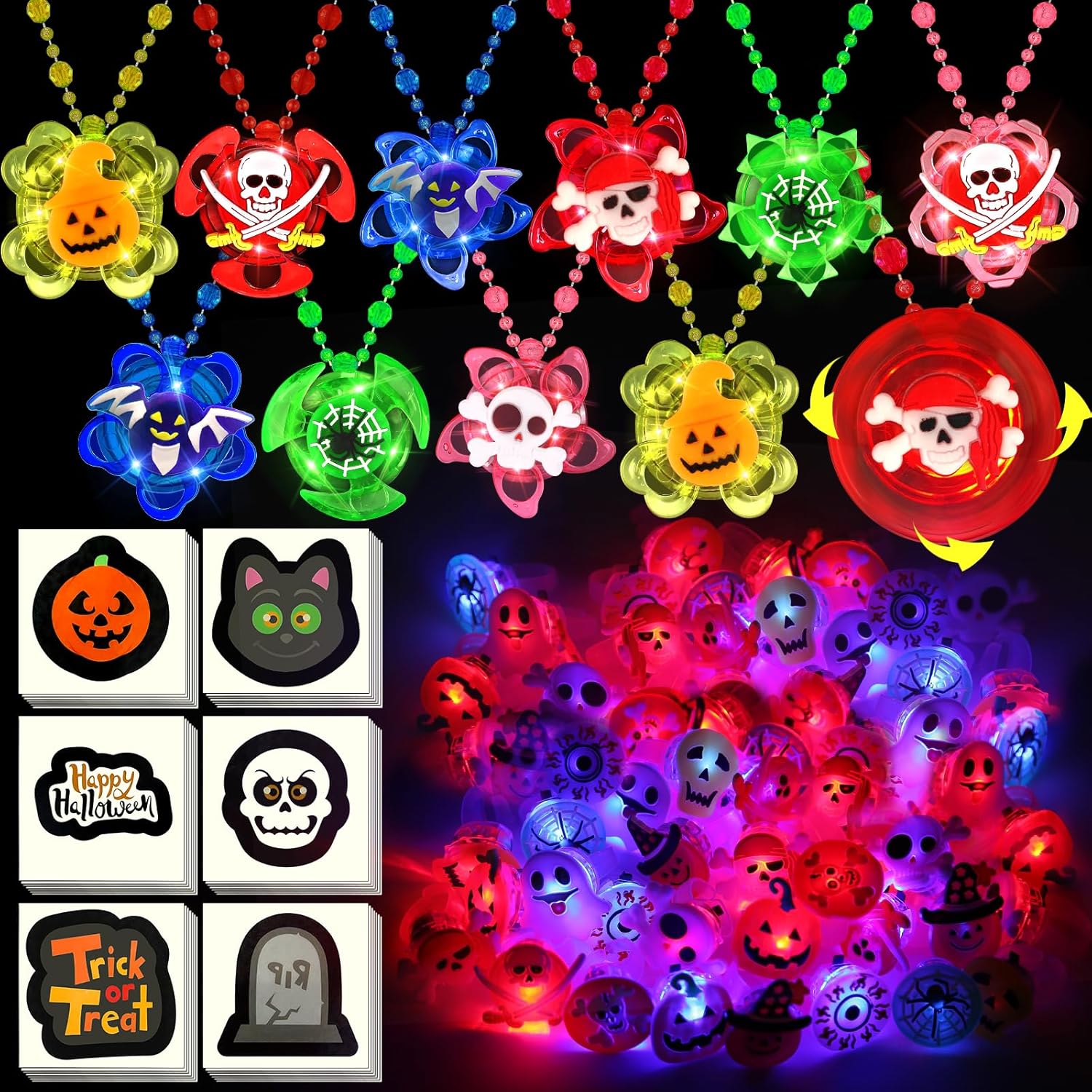 100 PCS Halloween Party Favors for Kids, Halloween Glow in the Dark Toys Rotating Spin Light Up Necklaces, LED Rings Decorations, Halloween Trick or Treats Classroom Goodie Bag Fillers Party Supplies 100 PCS Glow in the Dark Toys
