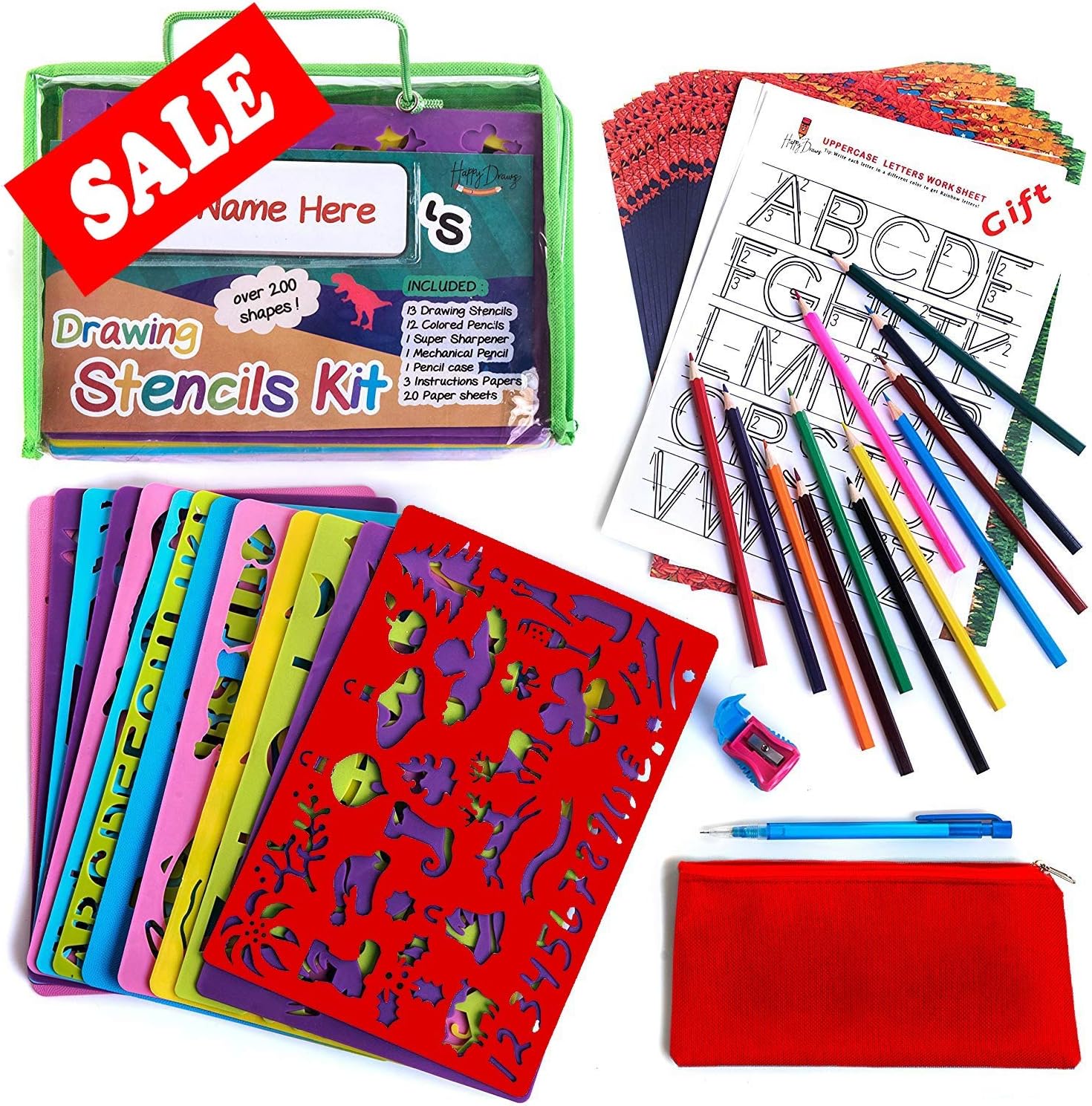 Happy Dueks Stencils for Kids Set - Drawing Kids Stencils 50-Piece Crafting Kit for Kids Fun/Educational Toy/Children 3+ Years Old/Perfect as Birthday Gift