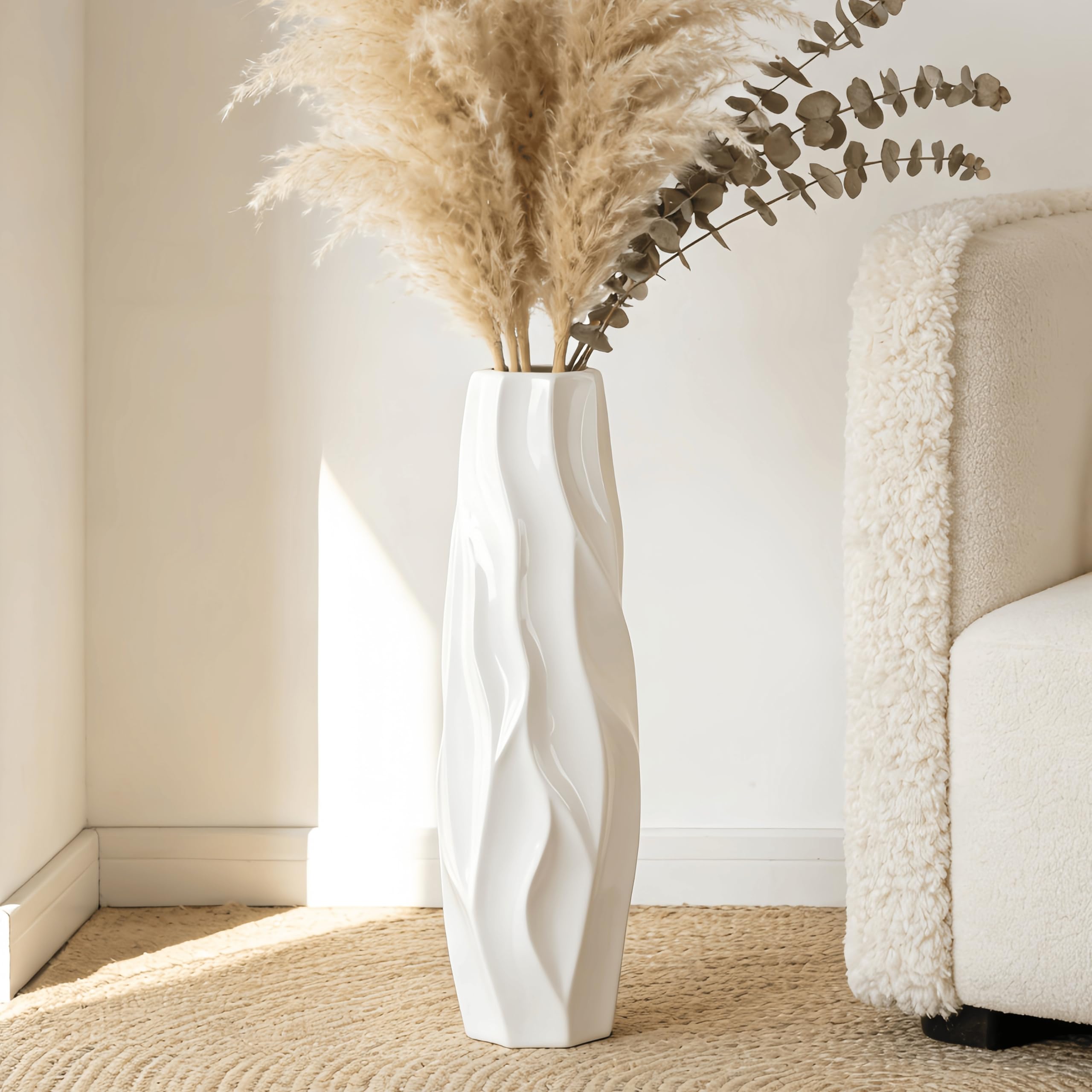 Weiße Bodenvase aus Keramik, 45 cm Groß, Minimalistische Dekovase für Blumen, Pampasgras, Für Wohnzimmer, Büro und Schlafzimmer