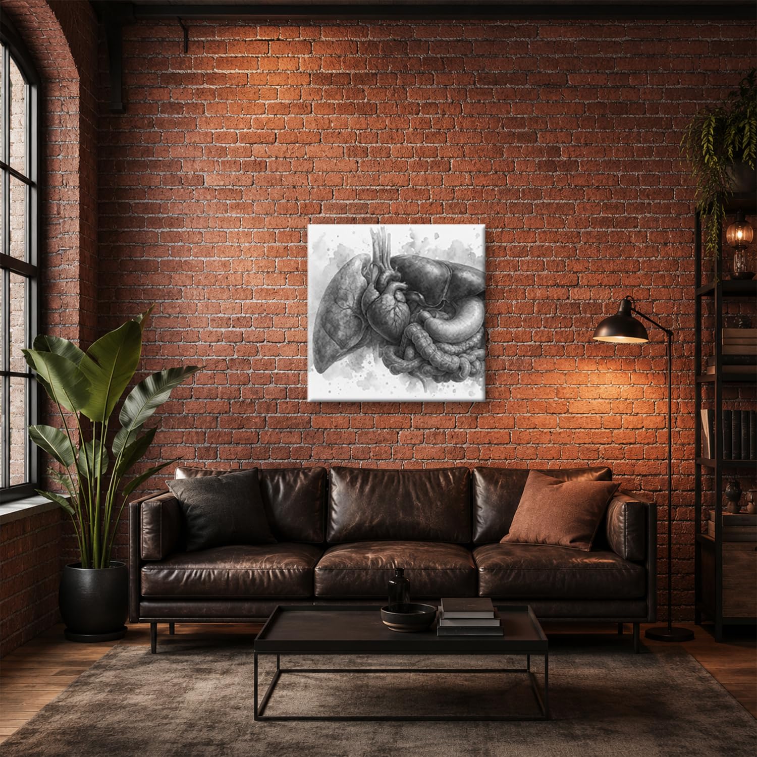 Obraz na płótnie rysunek akwarelowy serca i organów 40 x 40 cm czarno-biały