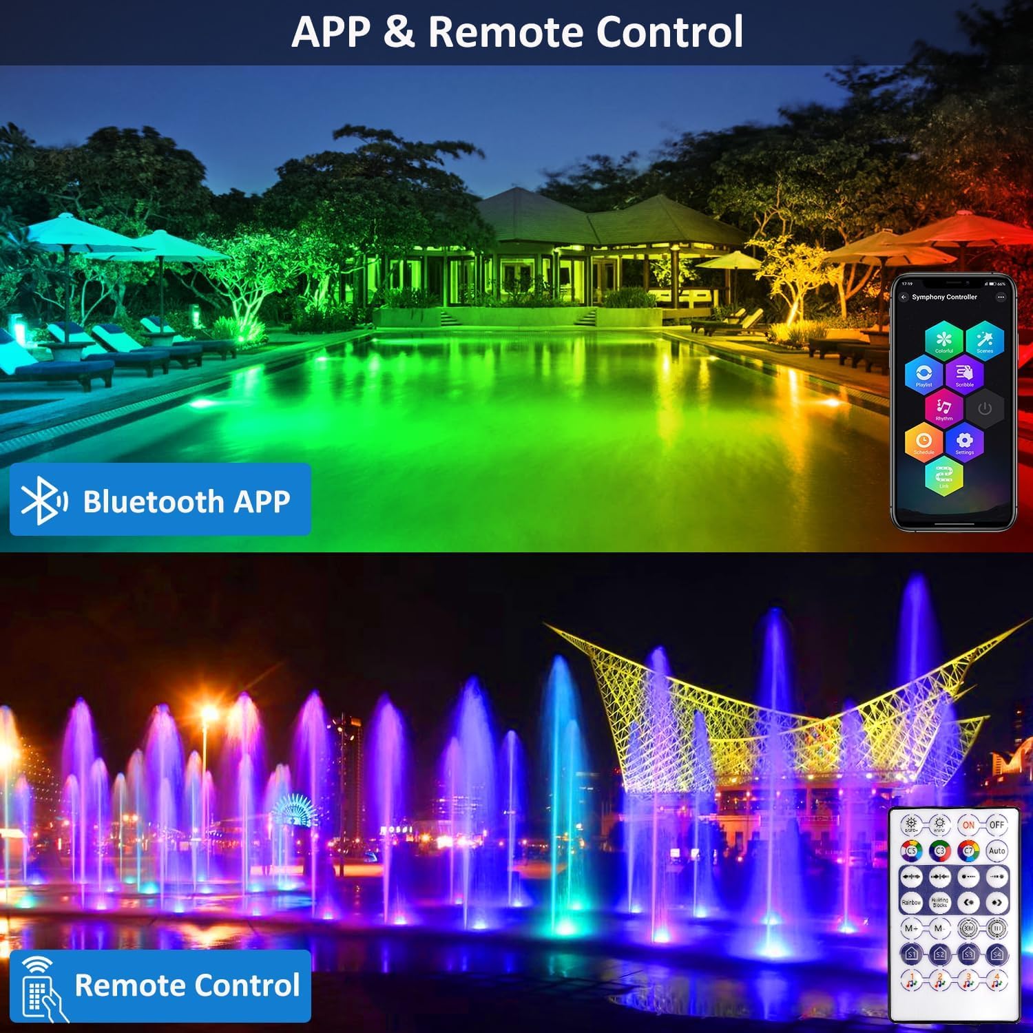 NATPOW Teichbeleuchtung LED Unterwasser, Unterwasserbeleuchtung RGB Unterwasser Teichlicht mit Bluetooth APP Fernbedienung, IP68 wasserdicht, Gartenbeleuchtung für Garten, Patio, Baum(3 in 1)