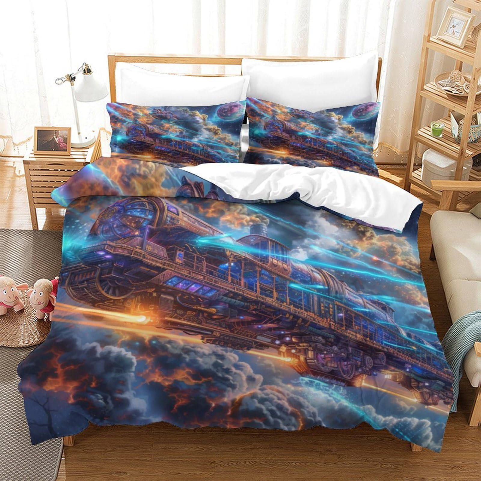 Stampato in 3D treno a vapore Copertina Stampata Microfibra Disegnata Set Di Biancheria Da Letto Ipoallergenico Con 2 Federe,Double（200x200cm）, Per Adolescenti E Adulti