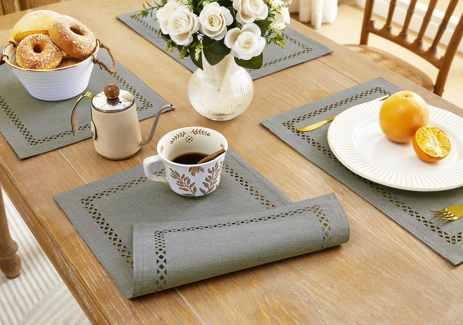 Aoztio Farmhouse Burlap Style Placemats,Table mats set of 6, 30 x 45 cm Linen Style Rustic Geometric Hollow Place Mats - Image 4