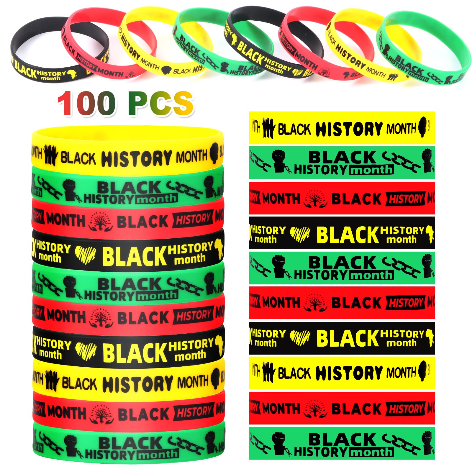 Juego de 200 piezas de regalo del mes de la historia negra: 100 lápices negros del mes de la historia, 100 pulseras de goma para el mes de la historia negra, cumpleaños, profesores, aulas, recompensas