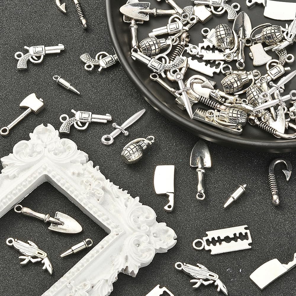 KitBeads 100pcs Antique Silver Tool Mixed Styles Handcuff Bomb Gun Knife Axe Fish Hook Blade Charms for Jewelry Making Bulk - Image 4