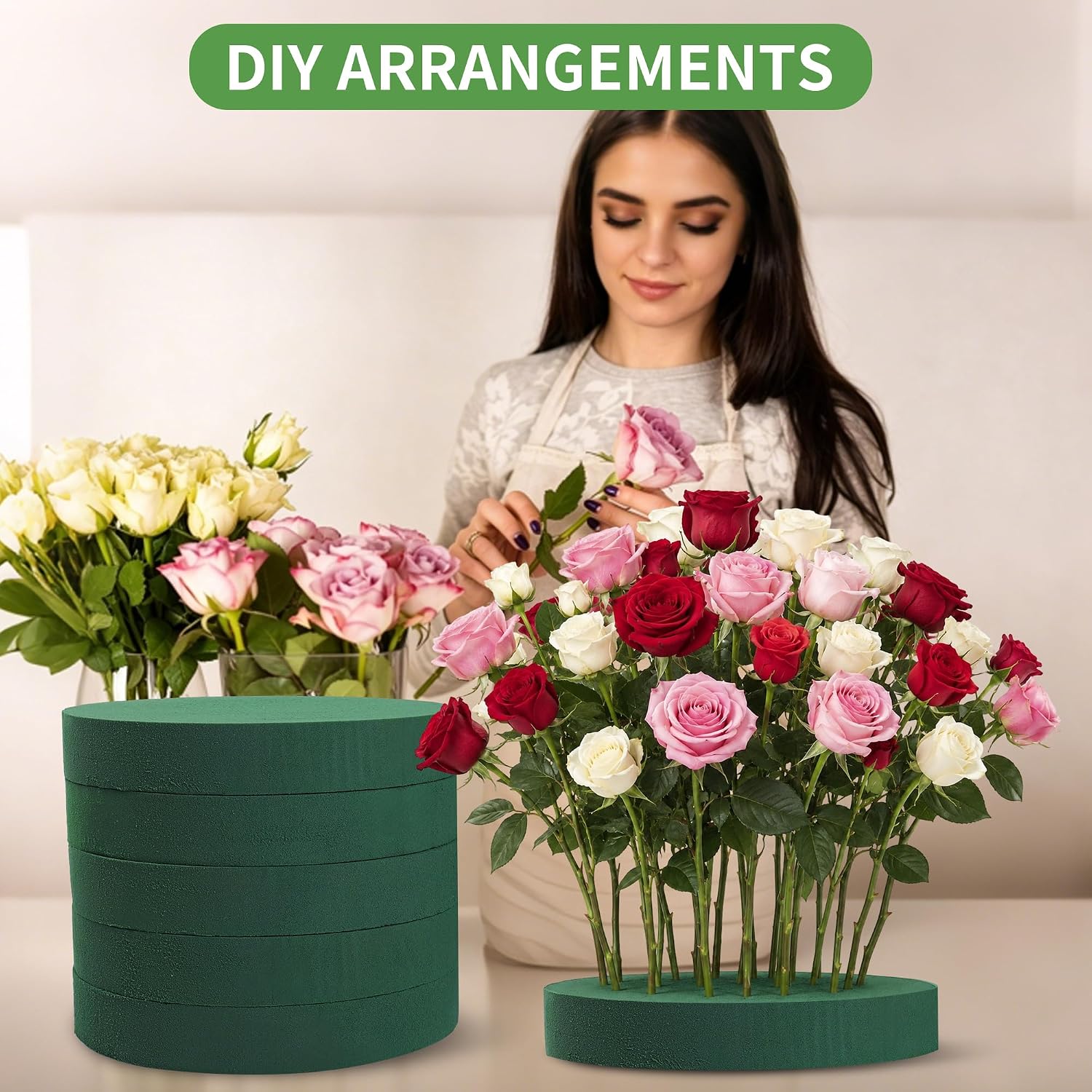 6 Pack Large Round Floral Foam Blocks, Wet & Dry Green Foam for Fresh or Artificial Flower Arrangements, Heavy-Duty Base for Wedding Centerpieces & Party Decor (9.8 Inch)