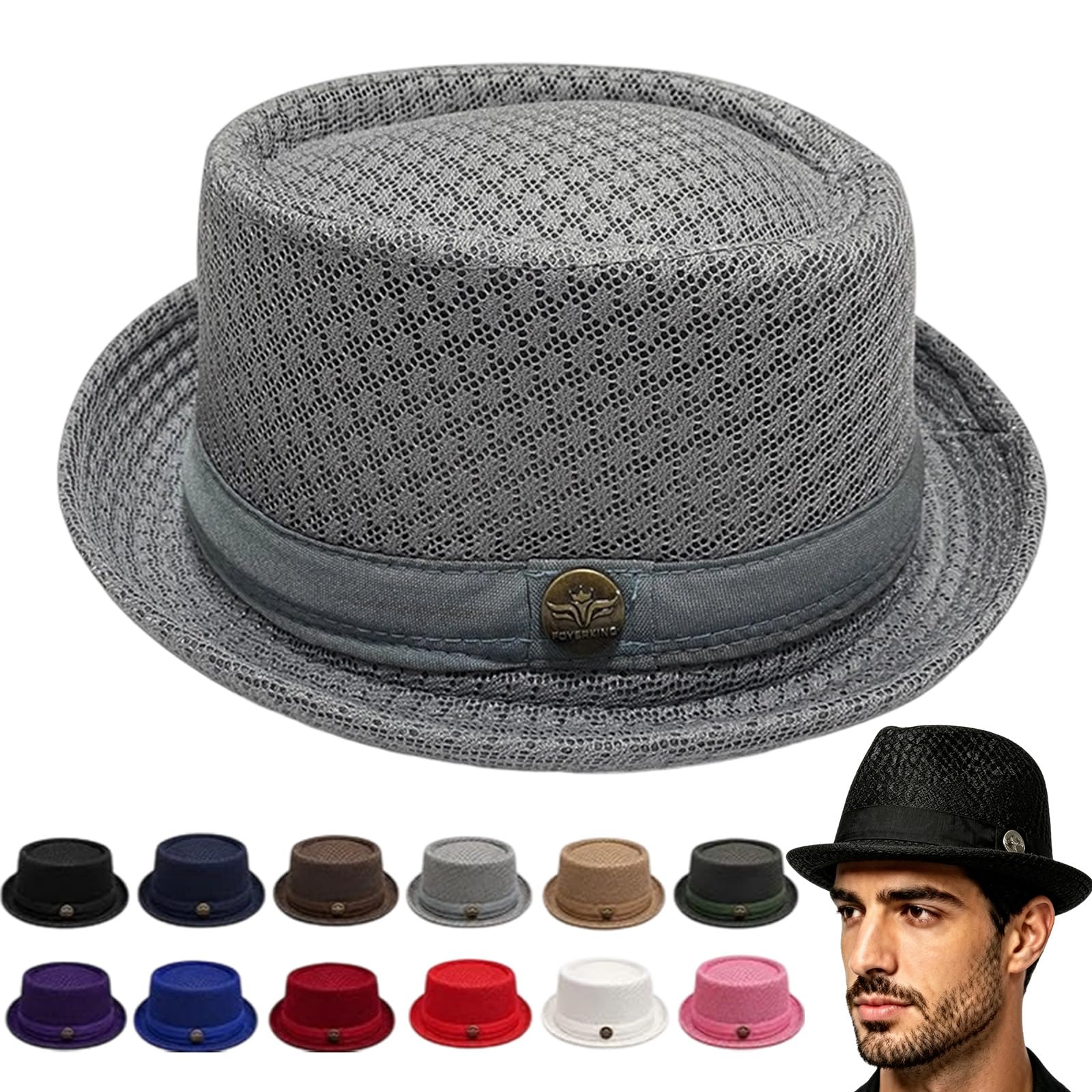 mondpfote Summer Breathable Mesh Pork Pie Hat, Men's Breathable Short Brim Fedora Cap, Classic Bowler Hat for Travel Party (Light Gray)
