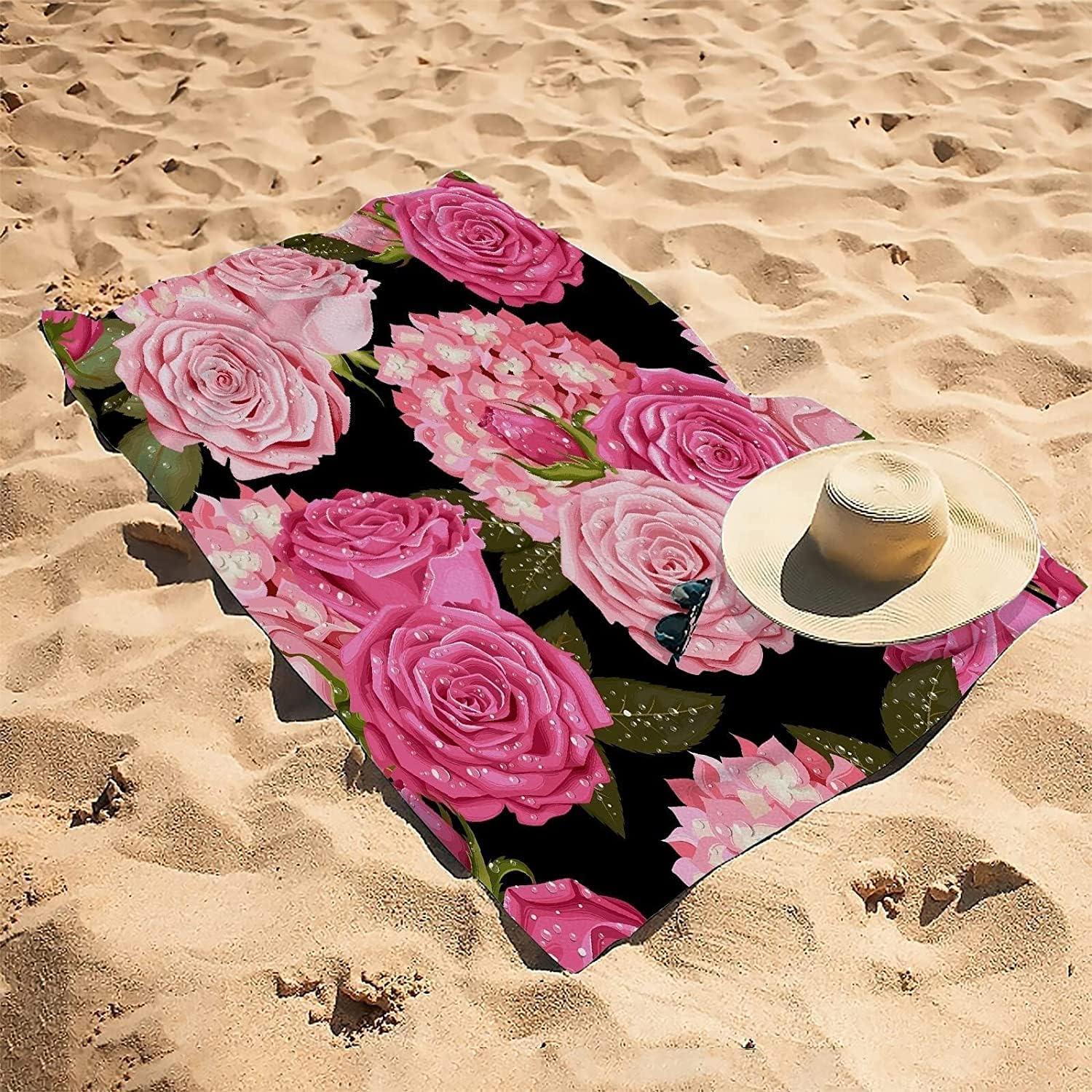 Serviette de Plage 200x200 Femme Homme Enfant, Drap de Plage XXL Serviette Plage Anti Sable à Séchage Rapide Grande Serviette Plage Roses Roses, pour Bain, Piscine, Camping Thème Romantique A599