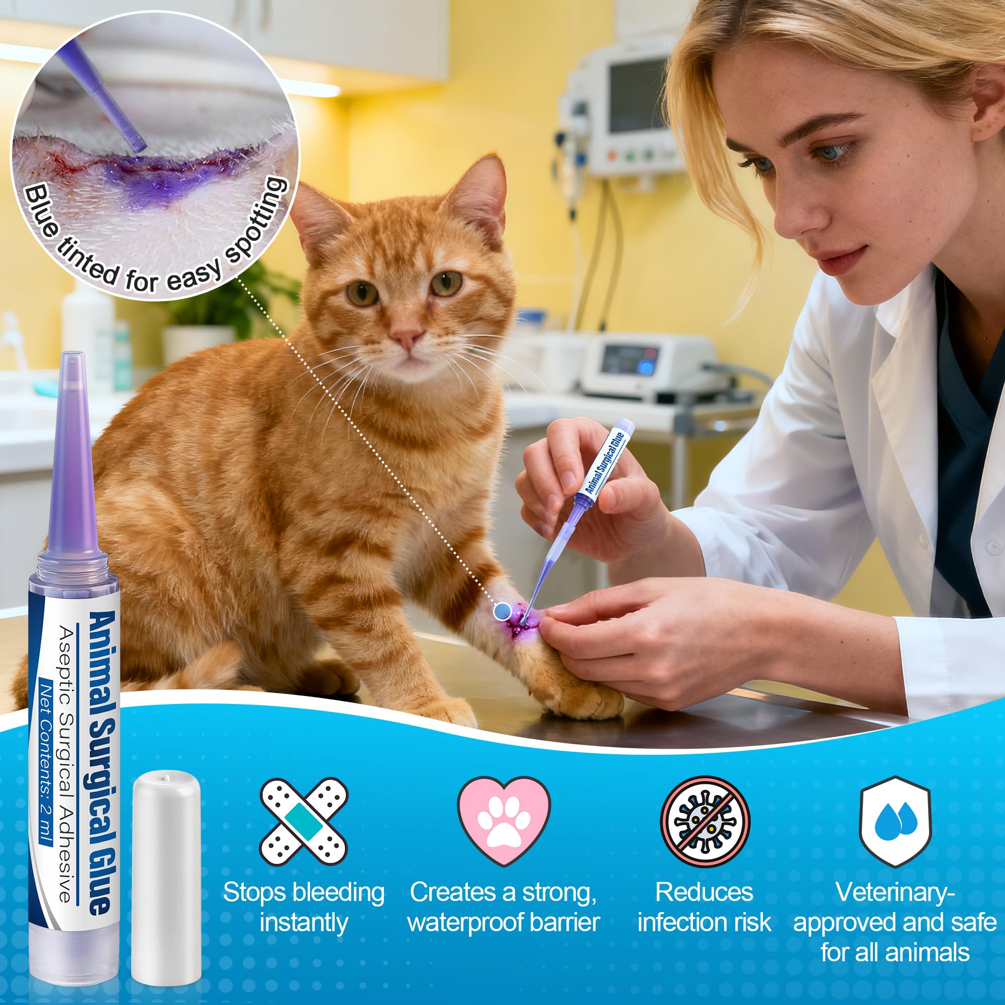 Veterinary Surgical Skin Glue, Strong Surgical Adhesive with 10 Precise Applicators, Blue Tinted Fast Acting Waterproof Wound Closure for Pets Dogs Cats, Pain Free & Stress Free(1 Pack,2ml) — Amazon image 3