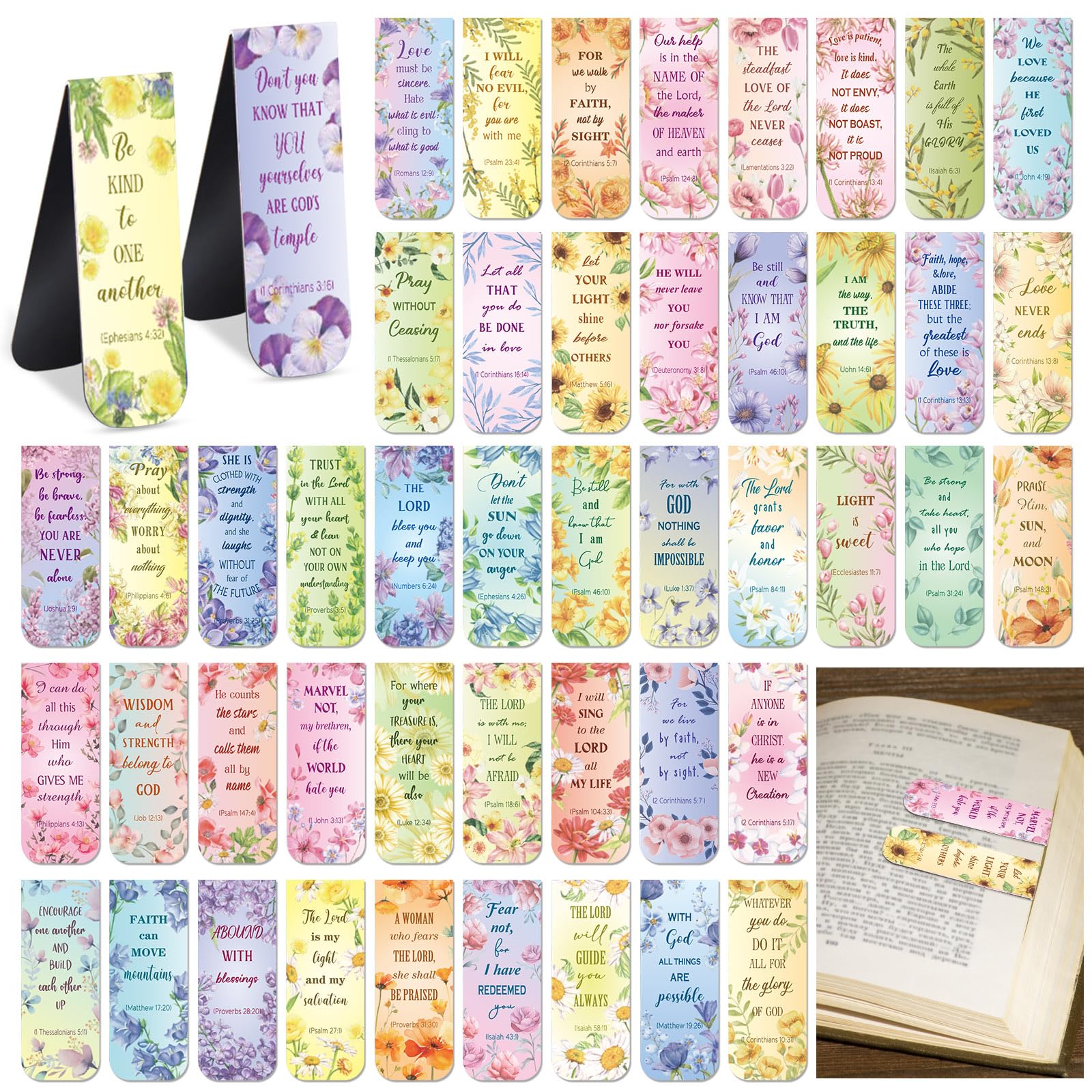 Zonon 48 Pcs Bible Verse Magnetic Bookmarks, 0.8x4.7in Inspirational Scripture Christian Book Markers Religious Motivational Encouragement Flower Page