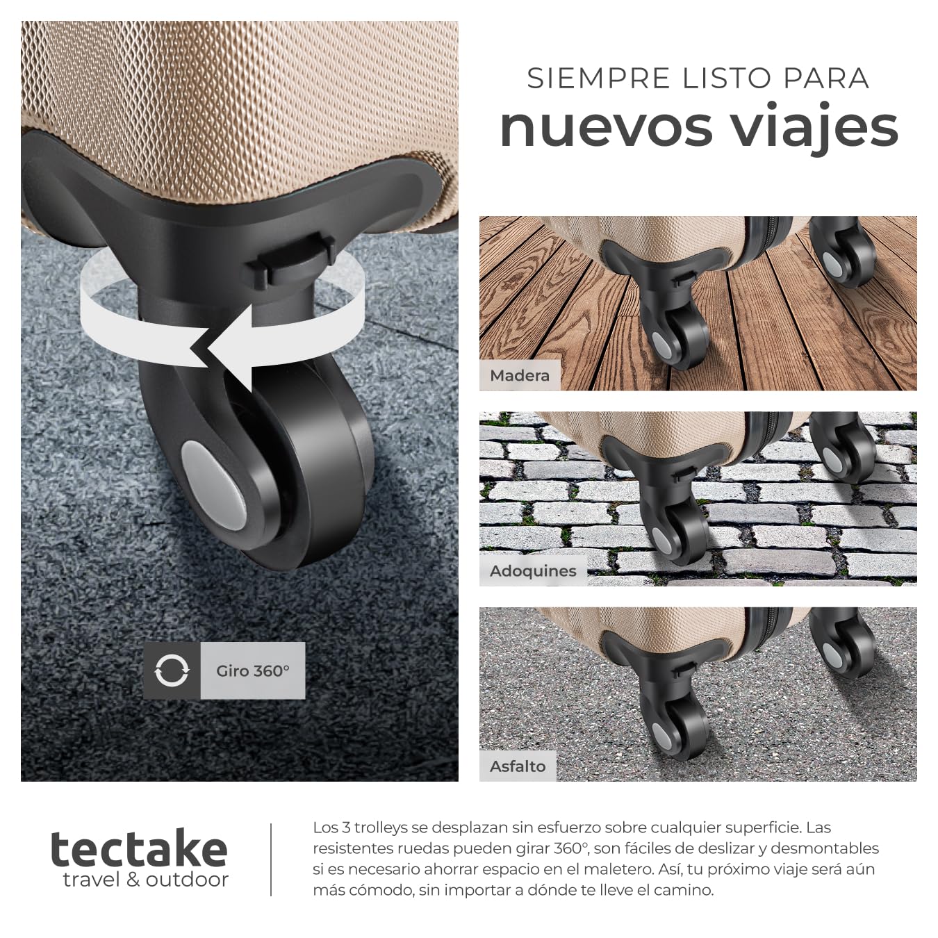 tectake® Juego de 3 Maletas Rígidas de Plástico ABS y 1 Neceser, Tamaños XL-L-M, Set Maletas Viaje con Ruedas 360º Extraíbles, Cerradura de Combinación TSA, Asas Laterales y Asa Telescópica - champán