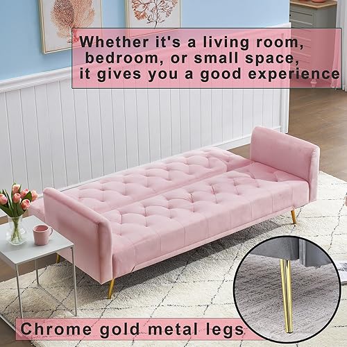 Miniatura 7 de Majnesvon Sofá cama tipo futón rosa de 71 pulgadas tela de terciopelo de espuma viscoelástica, 2 almohadas de pies de metal dorado, respaldo