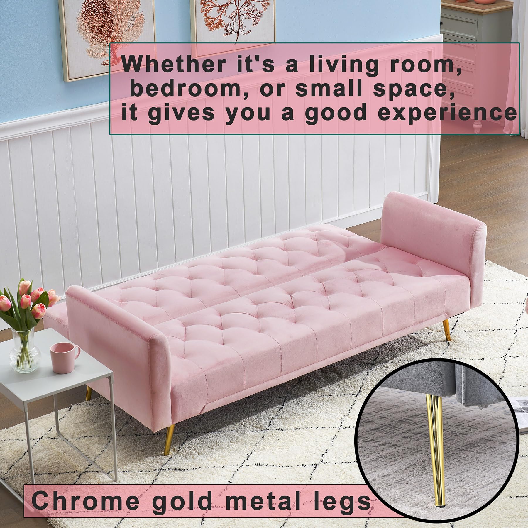 Majnesvon 71" Pink Futon Sofa Bed Couch: Velvet Fabric Memory Foam 2 Pillows Gold Metal Feet Adjustable Tufted Backrest, Convertible Folding Sleeper Loveseat for Living Room Bedroom Apartment (Pink)