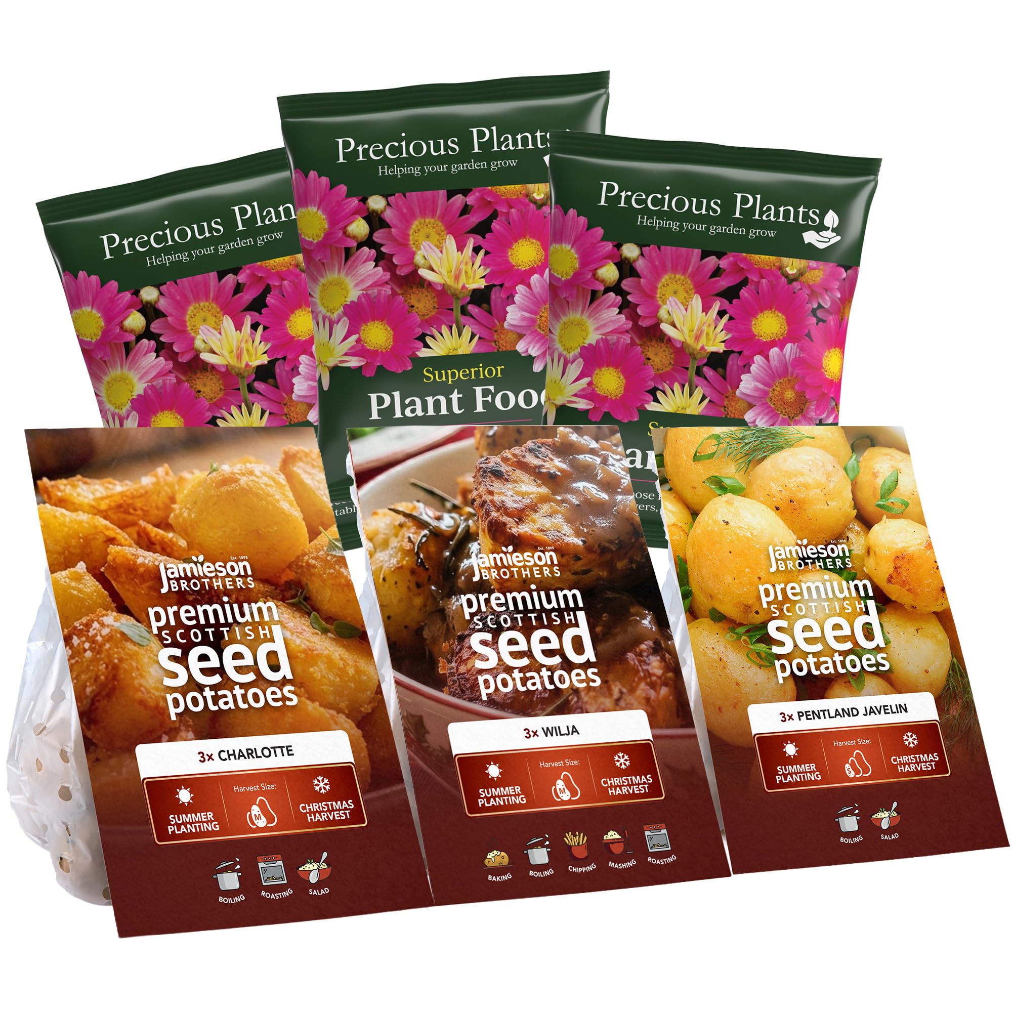 3x3 Refill Tuber Bundle Summer Planting Christmas Harvest Seed Potatoes Pentland Javelin, Wilja & Charlotte + 3X Superior Plant Food 210g Sachet