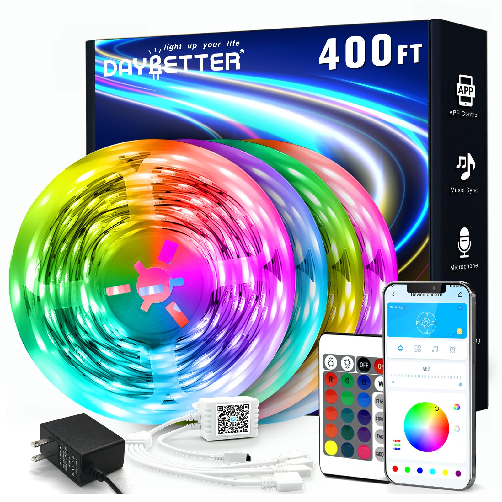 DAYBETTER - 400ft LED Strip Lights (4 Rolls 100ft) for Bedroom, Desk, Indoor Room, Bedroom, Valentines Decor, with Remote Control and Power Supply