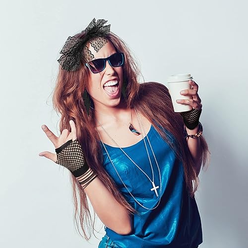 Miniatura 5 de Blulu Accesorios de disfraz de los años 80 para mujer, guantes de red, diadema, aretes, collar de cruz, pulsera para fiesta retro de los años 80