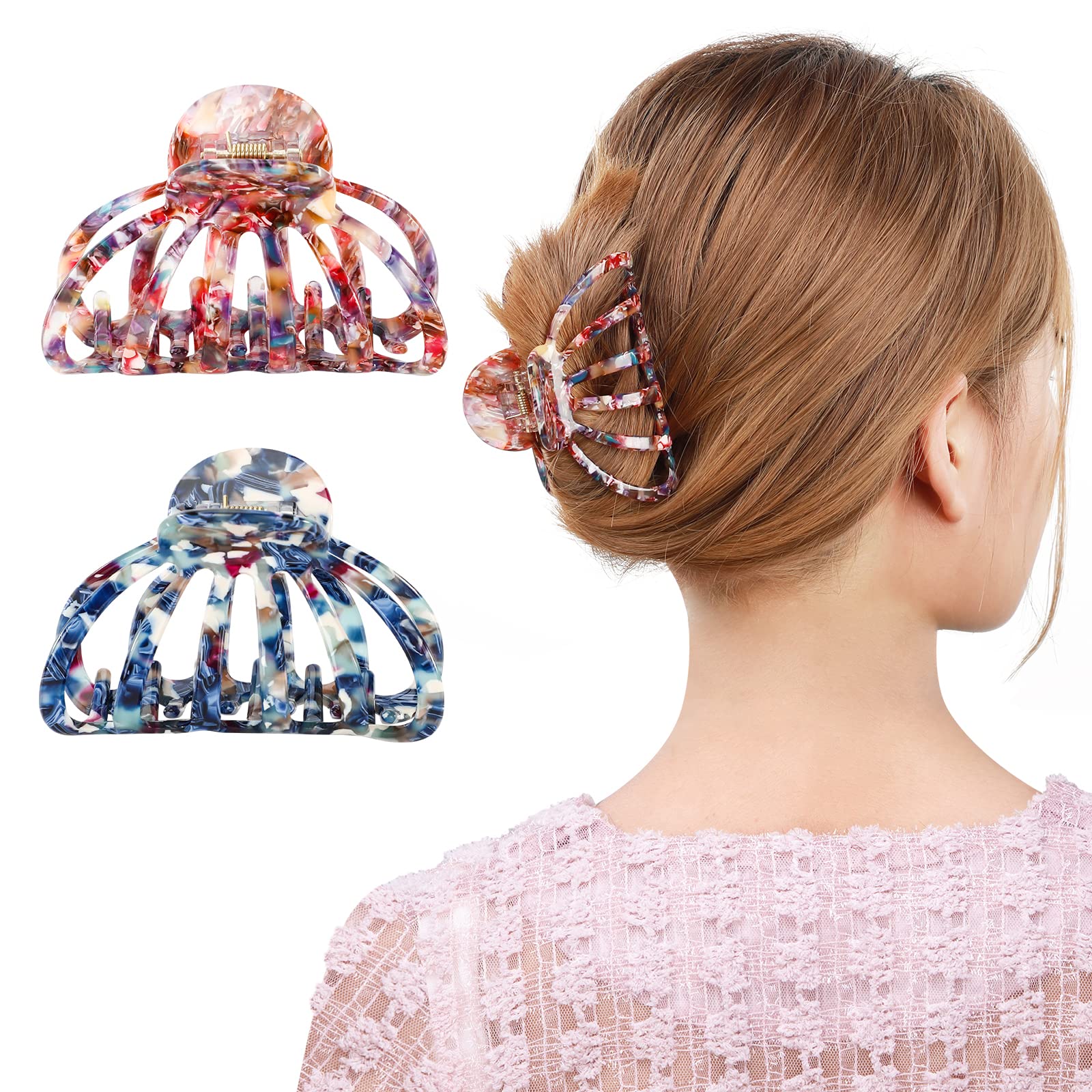 Hair Clips for Women Thick Hair, Aimou 2 PCS Non-slip Hair Claw Clips with Harmless Plastic and Strong Hold for Thick and Thin Hair, Large Hair Claw for Girls and Women, Multi-color