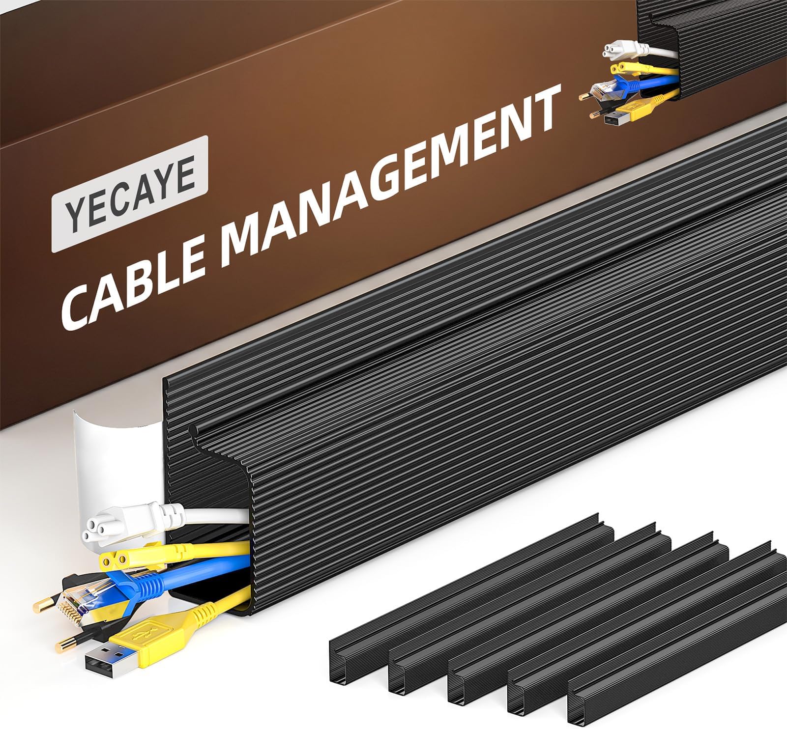 Yecaye Updated 94" J Channel Cable Raceway - Desk Cord Organizer Computer Management Under With 196" Mounting Tape 6 Count Tray For Office Home (6X 15.7 Each Medium Black)