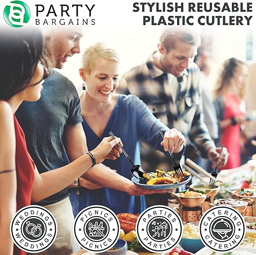 Miniatura 3 de Party Bargains Juego de cubiertos negros de plástico desechable, utensilios de diseño moderno infinito, paquete de 40 16 tenedores, 8 cuchillos, 16
