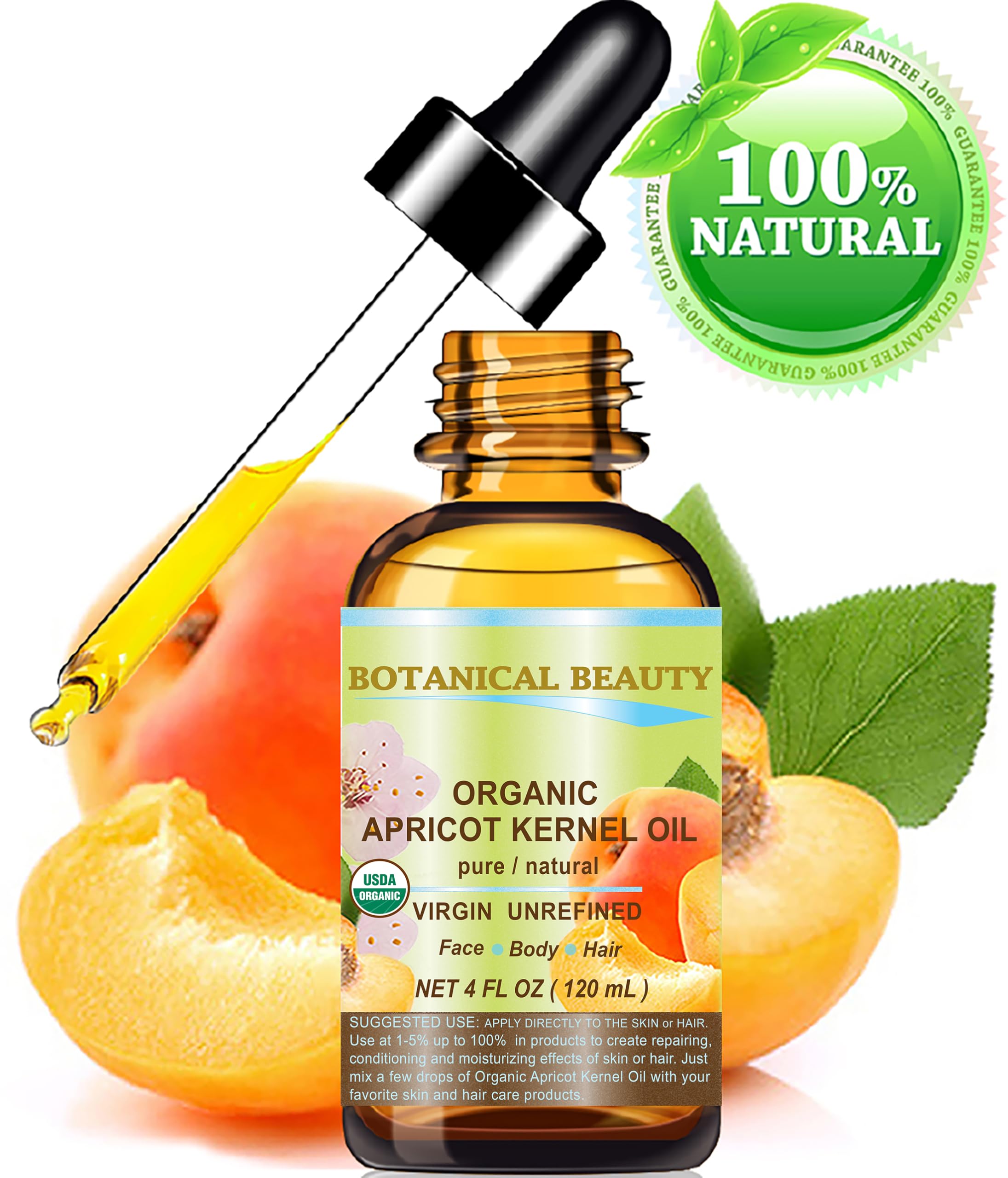 H&B Oils Center Organic Refined Apricot Kernel Oil – Cold Pressed, 4 Oz – 100% Pure Carrier Oil