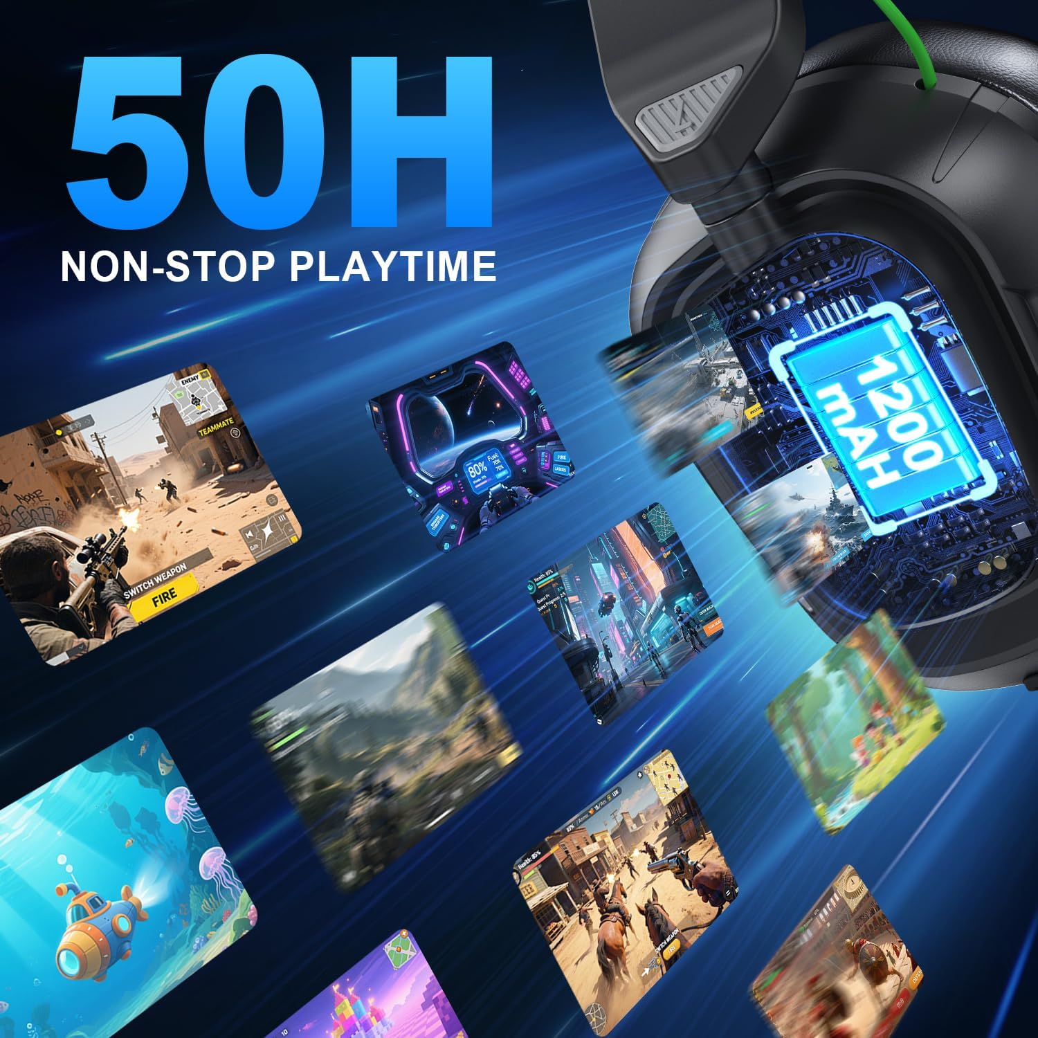 Headset with 50 hours playtime and 1200mAh battery graphic