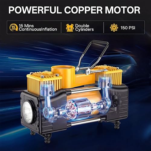 Miniatura 2 de YUNGTEE Inflador de neumáticos amarillo, bomba de inflado de doble cilindro resistente, bomba de inflado de accionamiento directo, bomba