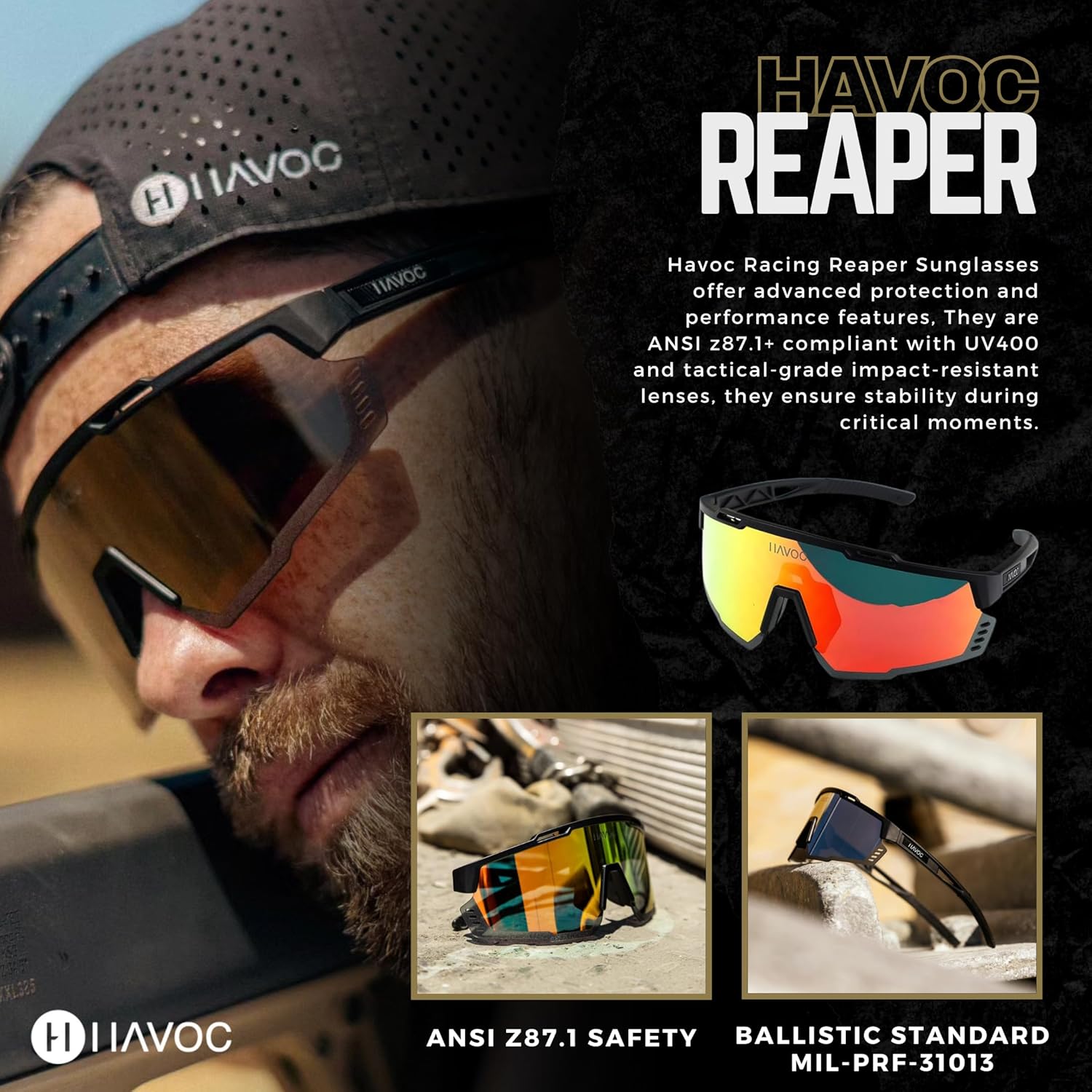 Havoc Racing Reaper Sunglasses - Z87+ Safety Sunglasses - Tactical-Grade UV400 Protection Anti-Sweat Shades