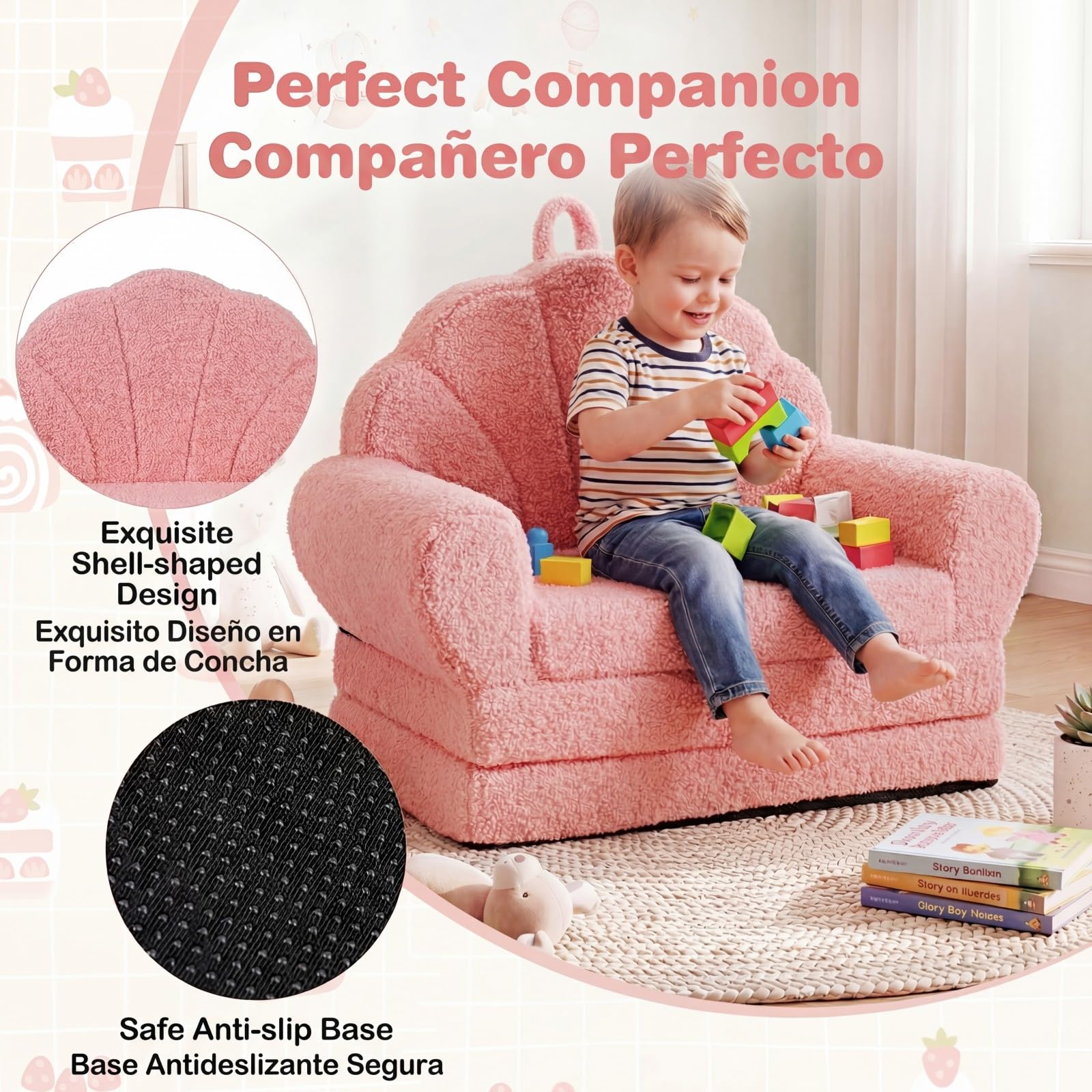 GOPLUS Sofá Plegable para Niños, Sofá Cama 2 en 1 con Funda de Forro Polar Lavable, Respaldo en Forma de Concha y Reposabrazos, Sillón Infantil de Espuma para Niños de 3+ Años (Rosa)
