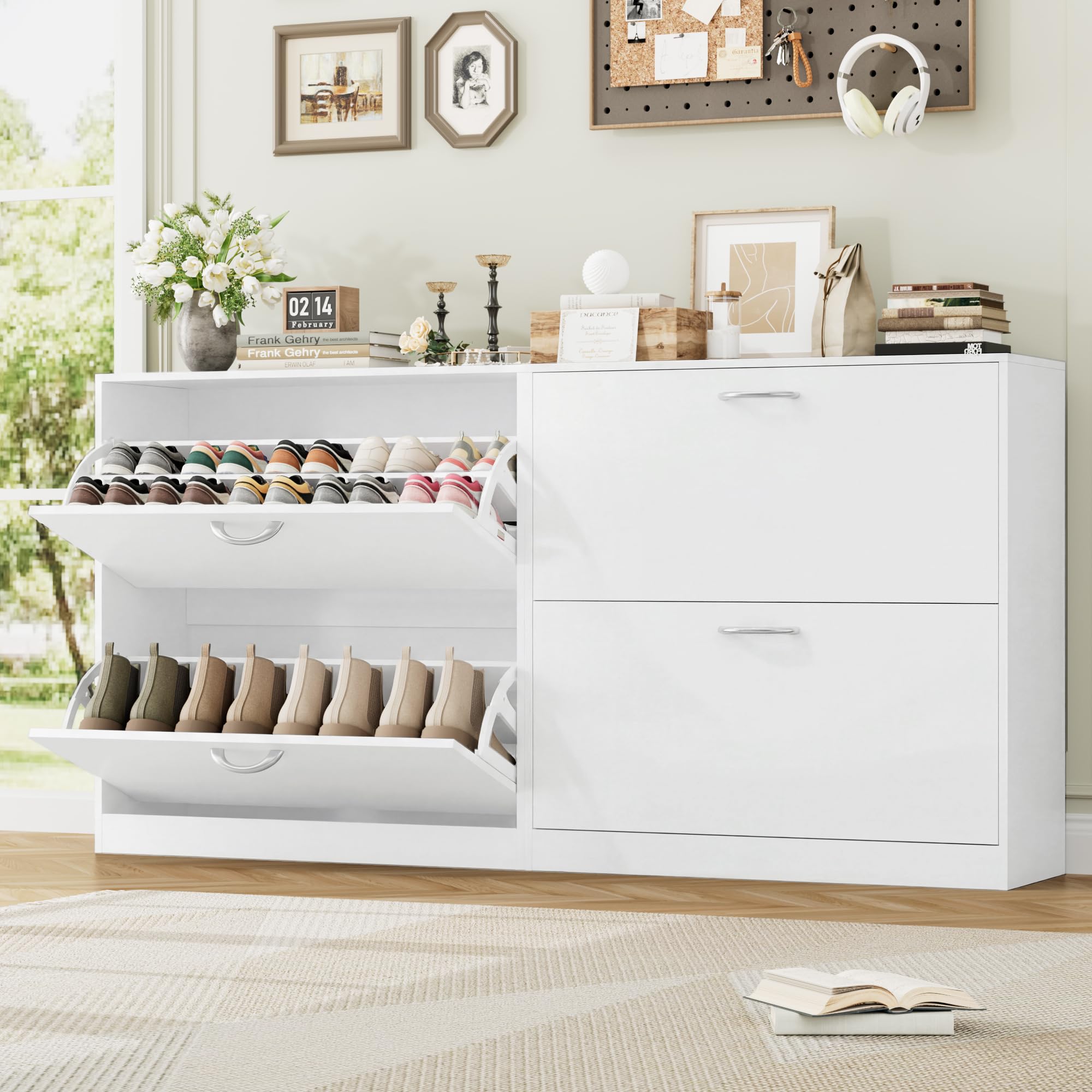 FirFurd Scarpiera Portascarpe,Scarpiera Slim Salvaspazio con 2 Ante a Ribalta,Divisore Regolabile e Rimovibile,per 12 Paia di Scarpe 80x23.5x80cm Bianco