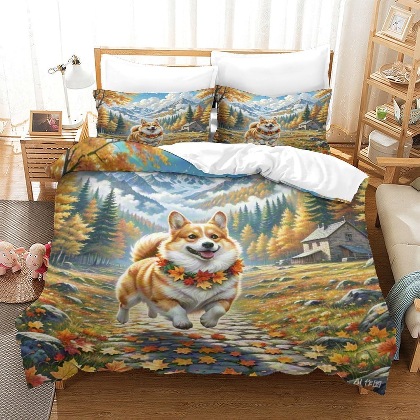 Parure de lit Corgi 3D 140x200 avec housse de couette en microfibre et sa taie