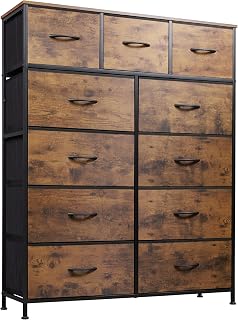 WLIVE 11-Drawer Tall Fabric Dresser for Bedroom, Rustic Brown Storage Tower with Steel Frame & Wood Top Organizer