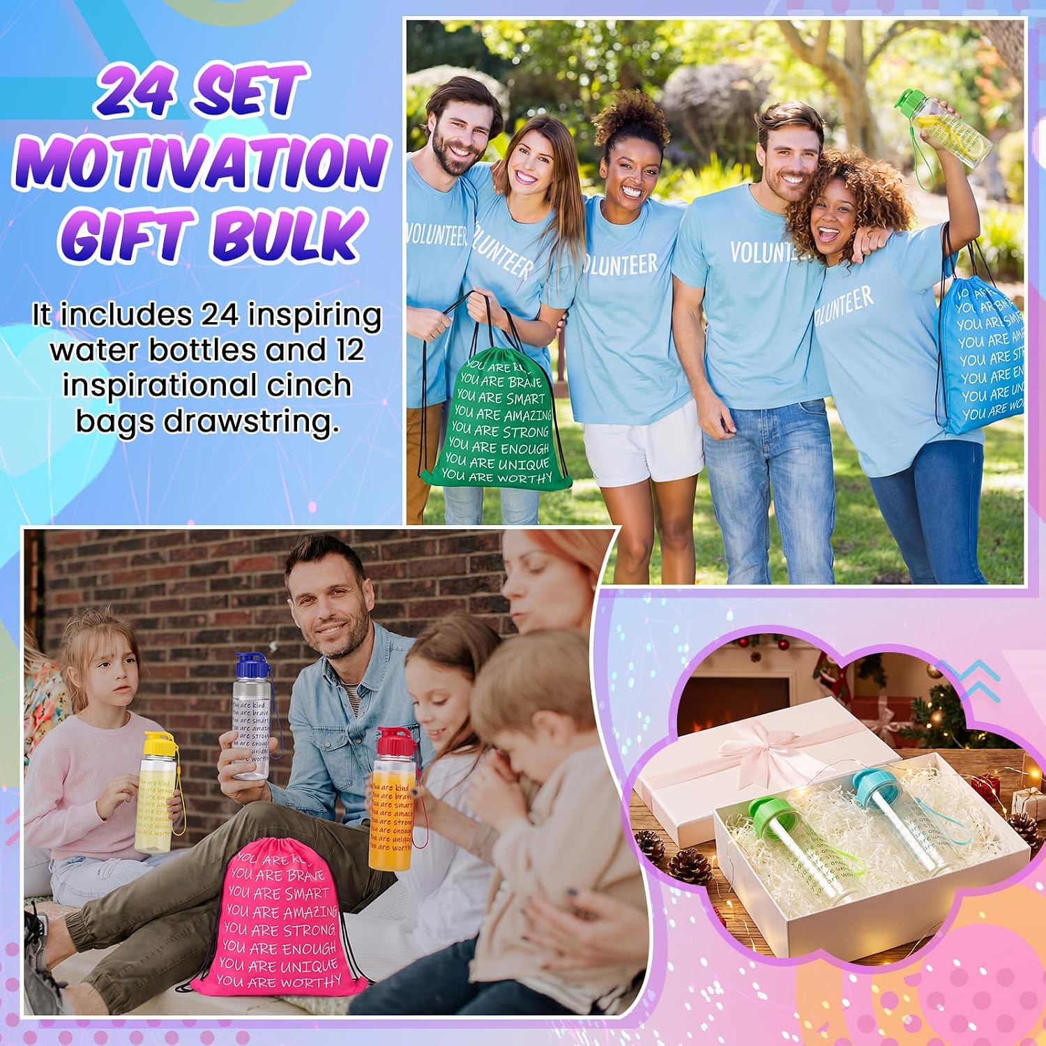 End of Year Gift 17 oz Motivational Plastic Water Bottles Bulk and Drawstring Backpack Set Rainbow Colored Inspirational Teacher Gifts Set Back to School Party Favor Supplies
