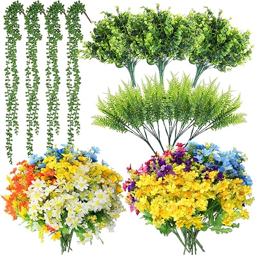 Zeyune Juego de 48 plantas y flores colgantes falsas, ramo de flores de orquídeas coloridas, helecho boston, plástico, eucalipto, cesta suculenta,
