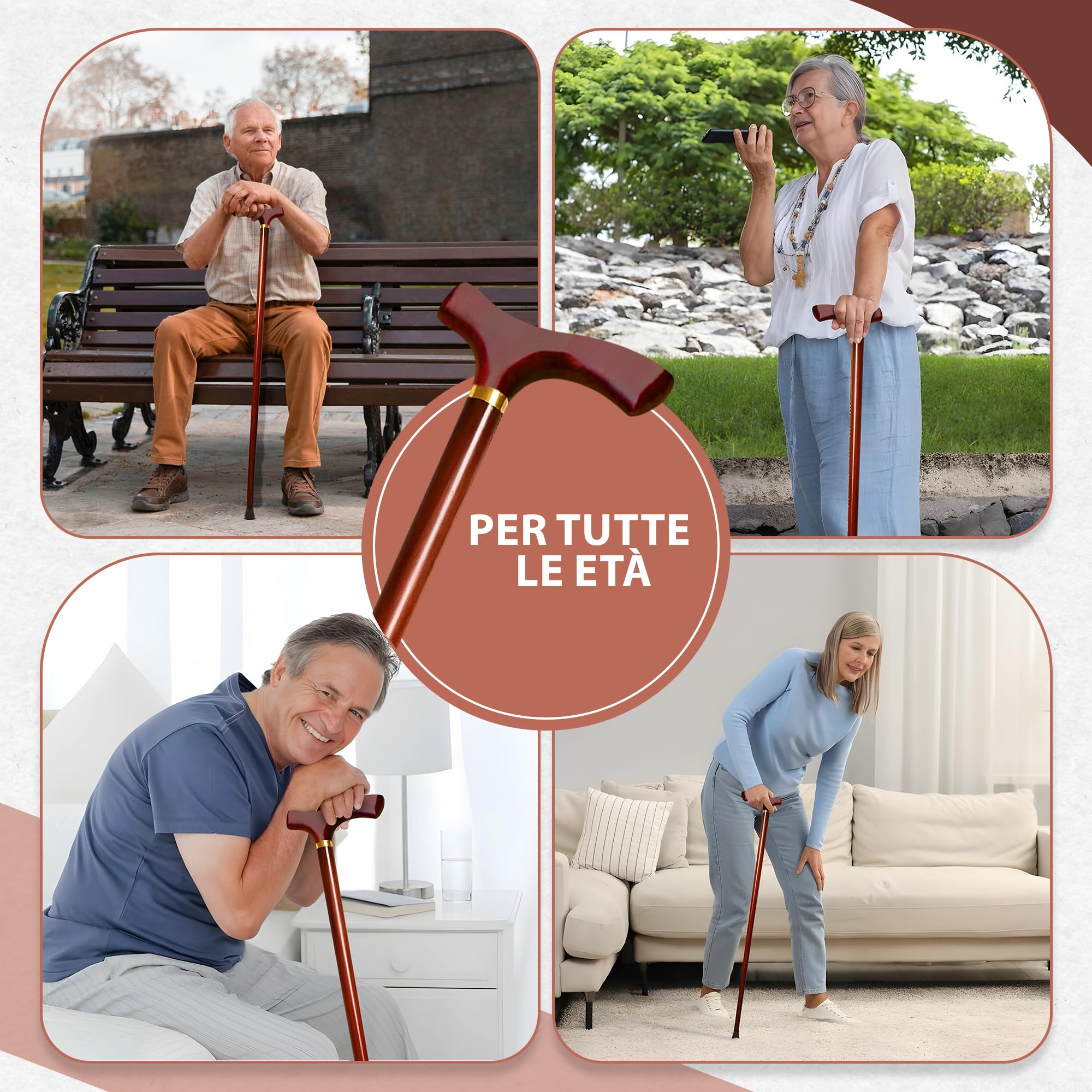 Bastone da Passeggio in Legno per Tutte le Età con Manico Tondo da 92 cm | Per Altezze da 1,70 a 1,85 m | Bastone per Uomo e Donna Robusto, Stabile