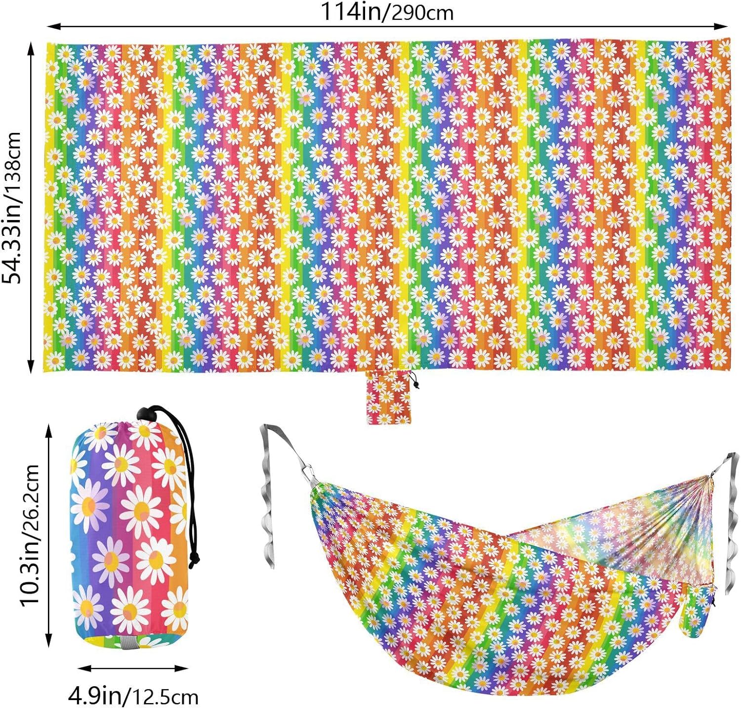 ALAZA Daisy Flower Rainbow Stripes Camping Hammocks Single or 2 Person 500 lbs Portable Parachute Travel Hammock w/Tree Straps for Hiking Backpacking Indoor Outdoor