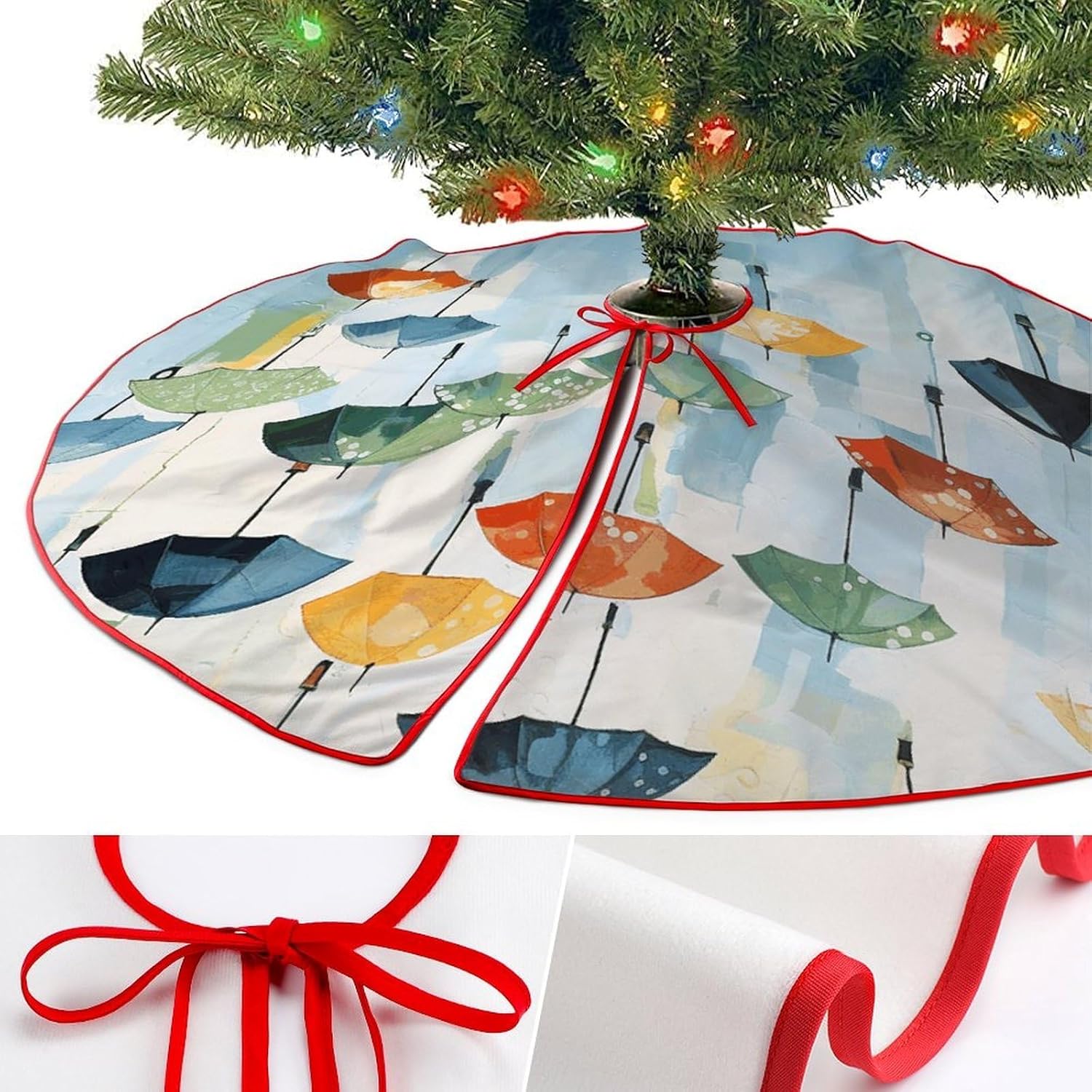 Christmas Tree Skirt,for Xmas Tree Holiday Party Decorations Umbrella Oil Painting Printed Christmas Tree Mat Red Lace-up Christmas Tree Dress